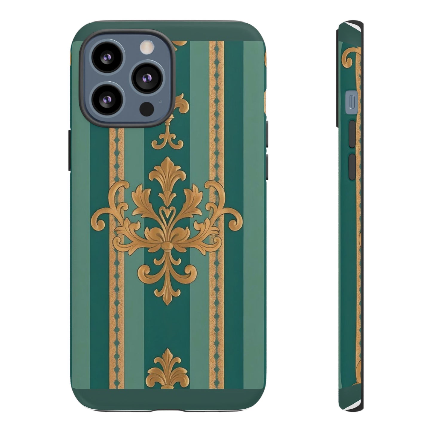 Elegant Floral Motif Phone Case - Tough Cases with Vintage Design - Teal Striped Gold Damask