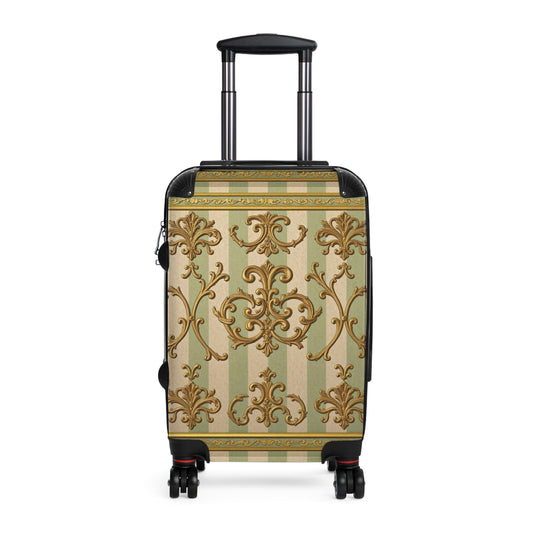 Elegant Travel Suitcase with Vintage Design, Stylish Luggage for Travelers, Perfect Gift for Holidays - Mint & Beige Striped Gold Baroque