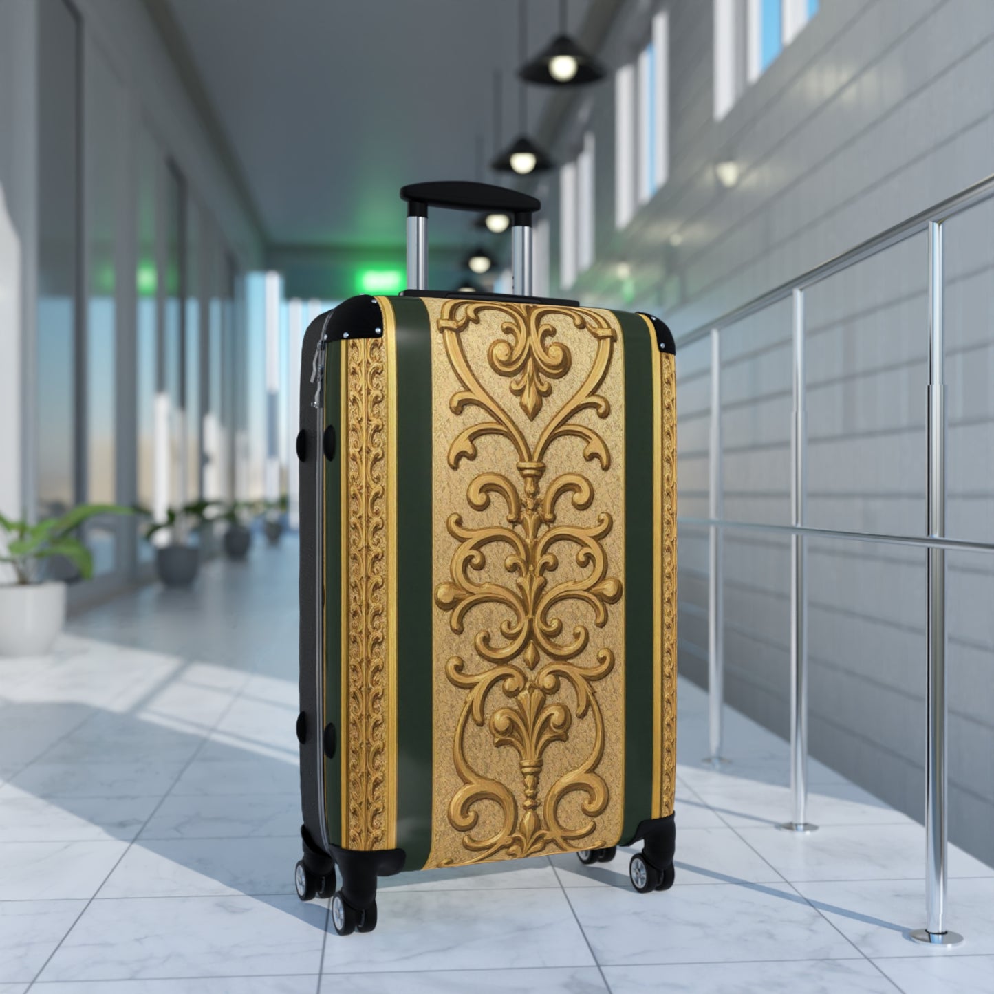 Elegant Teal Striped Gold Baroque Travel Suitcase - Vintage Style Luggage for Stylish Travelers, Durable Carry-On, Gift for Adventurers