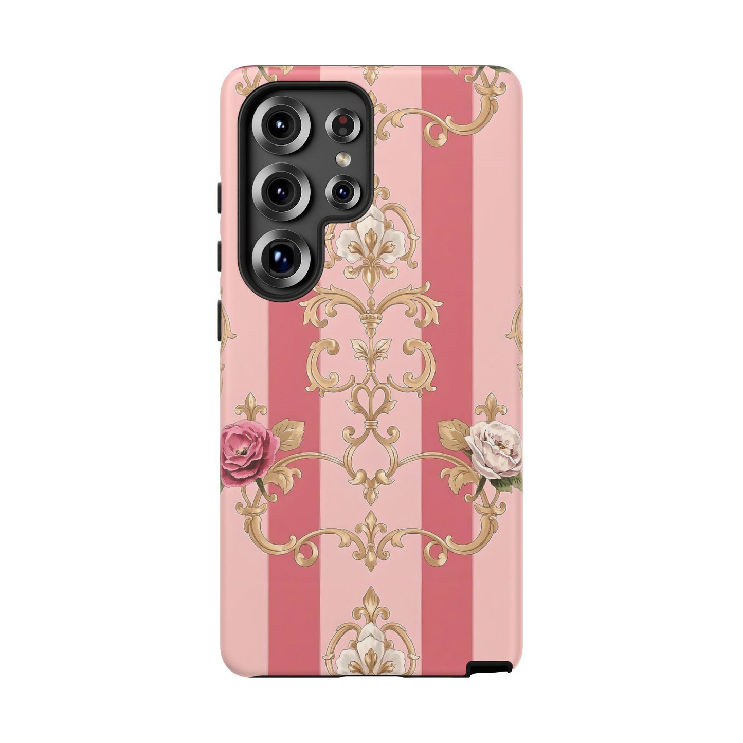 Elegant Floral Motif Phone Case - Tough Cases with Vintage Design - Pink Striped Roses & Damask