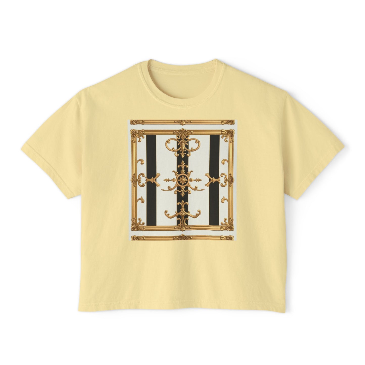 Chic Women's Boxy Tee, Stylish Graphic Shirt, Trendy Casual Top, Fashionable Everyday Wear - Black & White Striped Gold Baroque
