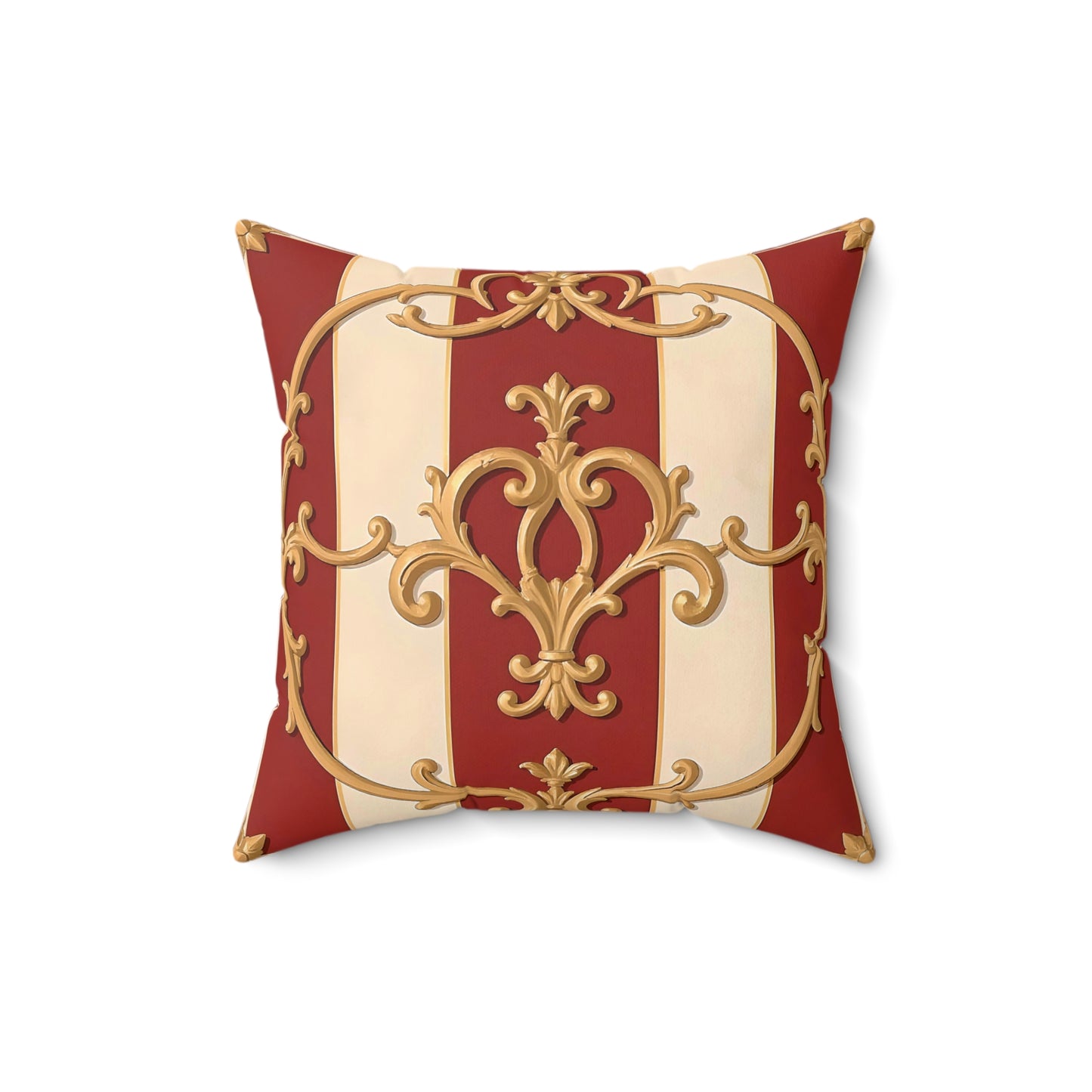 Elegant Vintage-Inspired Square Pillow with Gold Ornate Design - Alabaster & Dusk Orange Striped Baroque