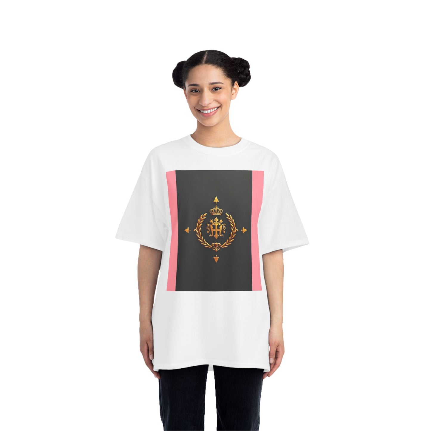 Short-Sleeve Graphic T-Shirt, Stylish Casual Wear, Trendy Gift for Friends, Summer Fashion, Statement Tee, Everyday Comfort - Pink Striped Gold Crest