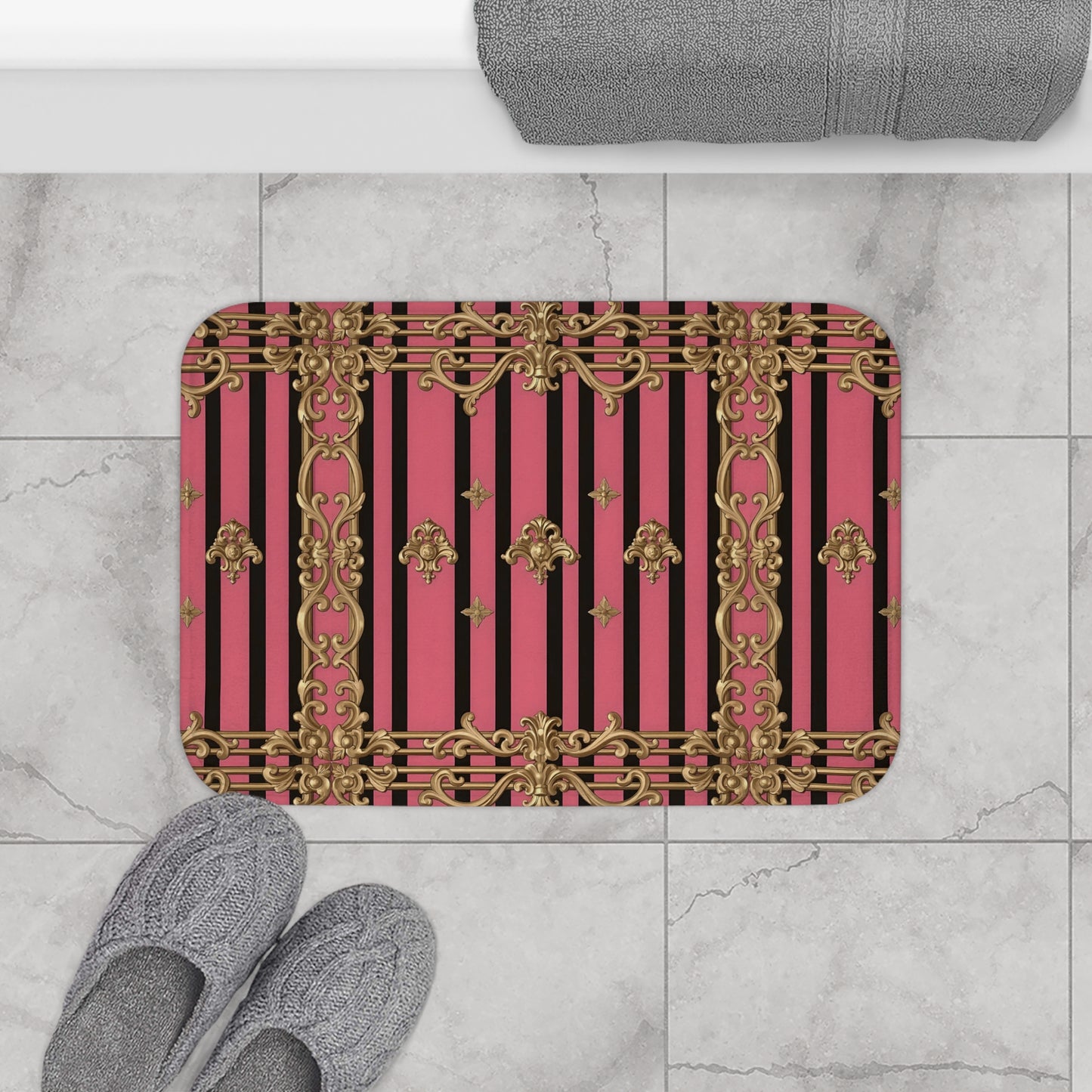 Elegant Pink and Gold Striped Bath Mat, Luxurious Home Decor for Bathroom, Wedding Gift, Spa Gift, Bathroom Accessories - Pink Striped Gold Rococo