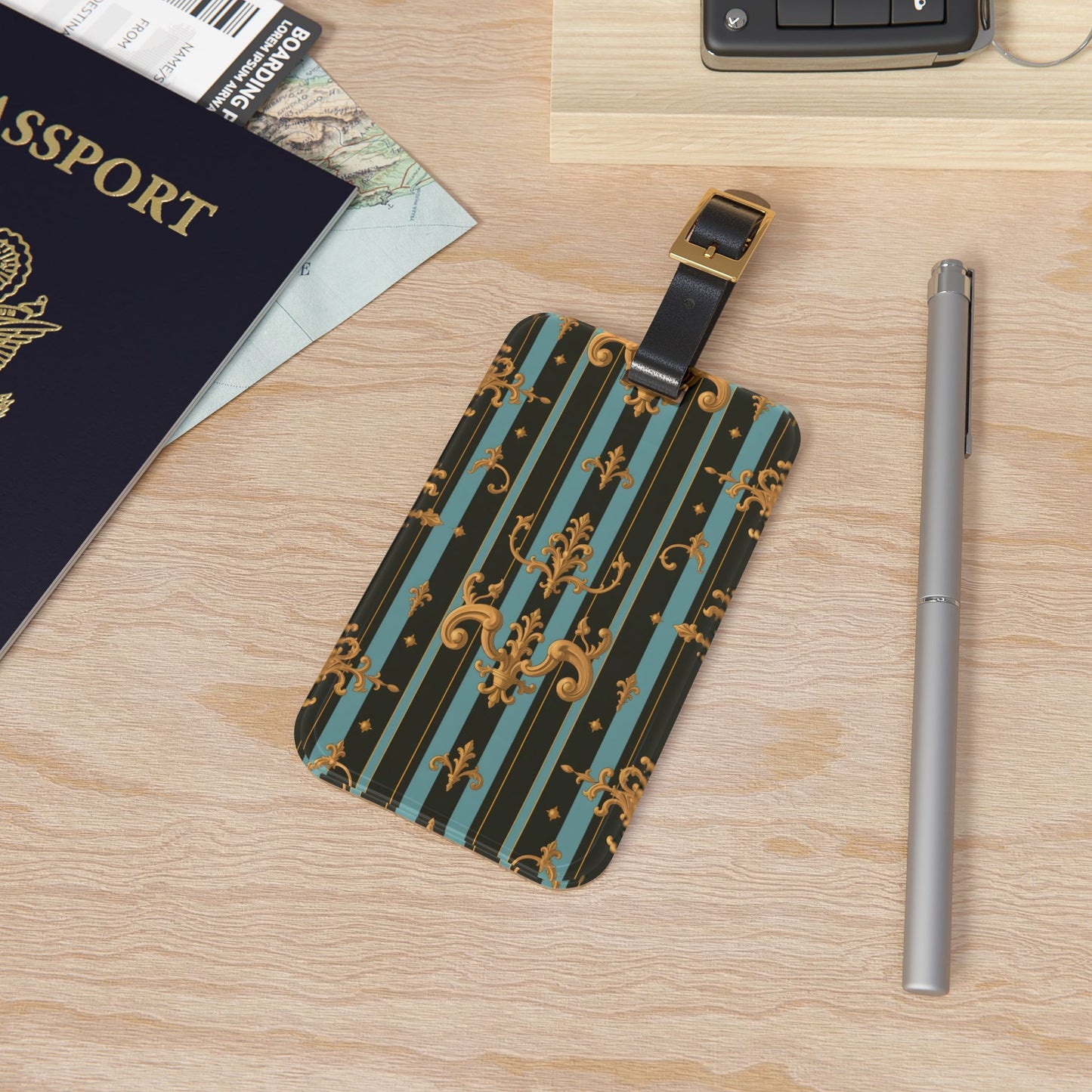 Chic Luggage Tag with Elegant Design | Travel Accessory, Personalized Gift, Backpack Tag, Suitcase Label - Black & Turquoise Striped Baroque
