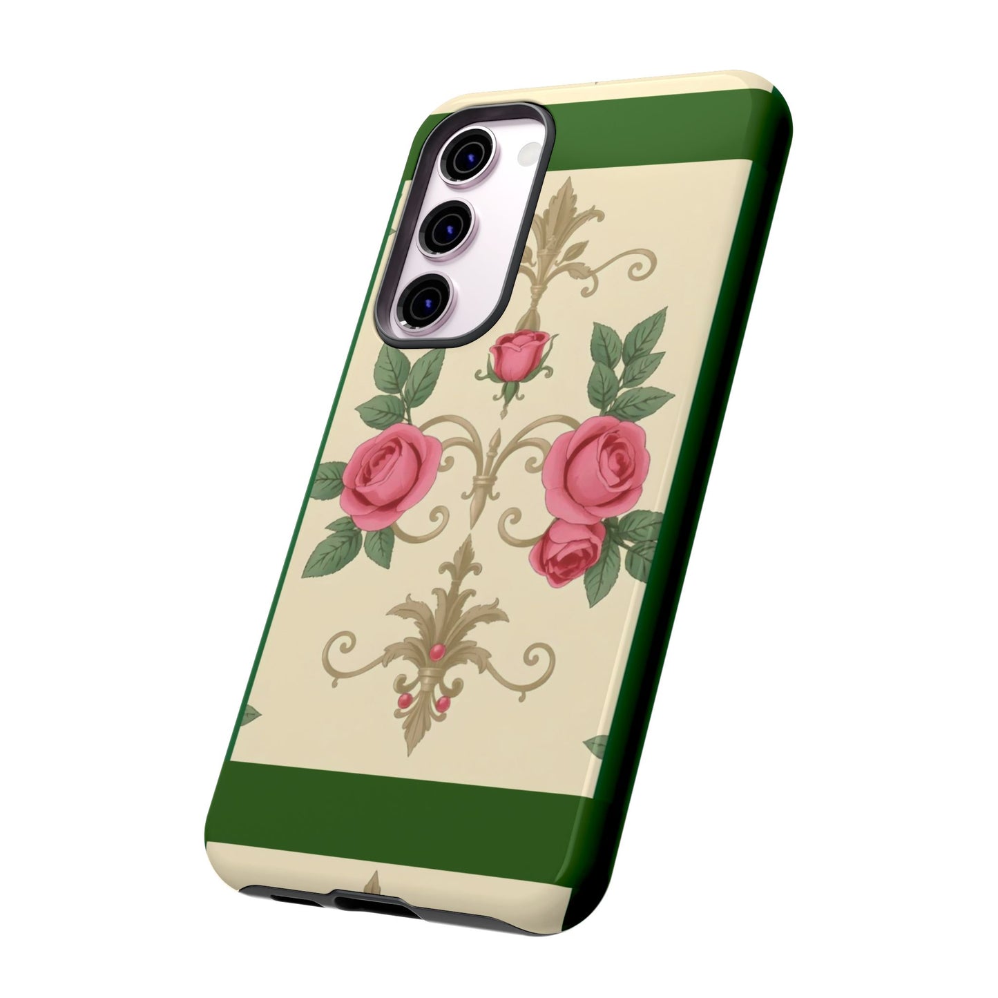 Elegant Floral Motif Phone Case - Tough Cases with Vintage Design - Green Border Roses & Damask