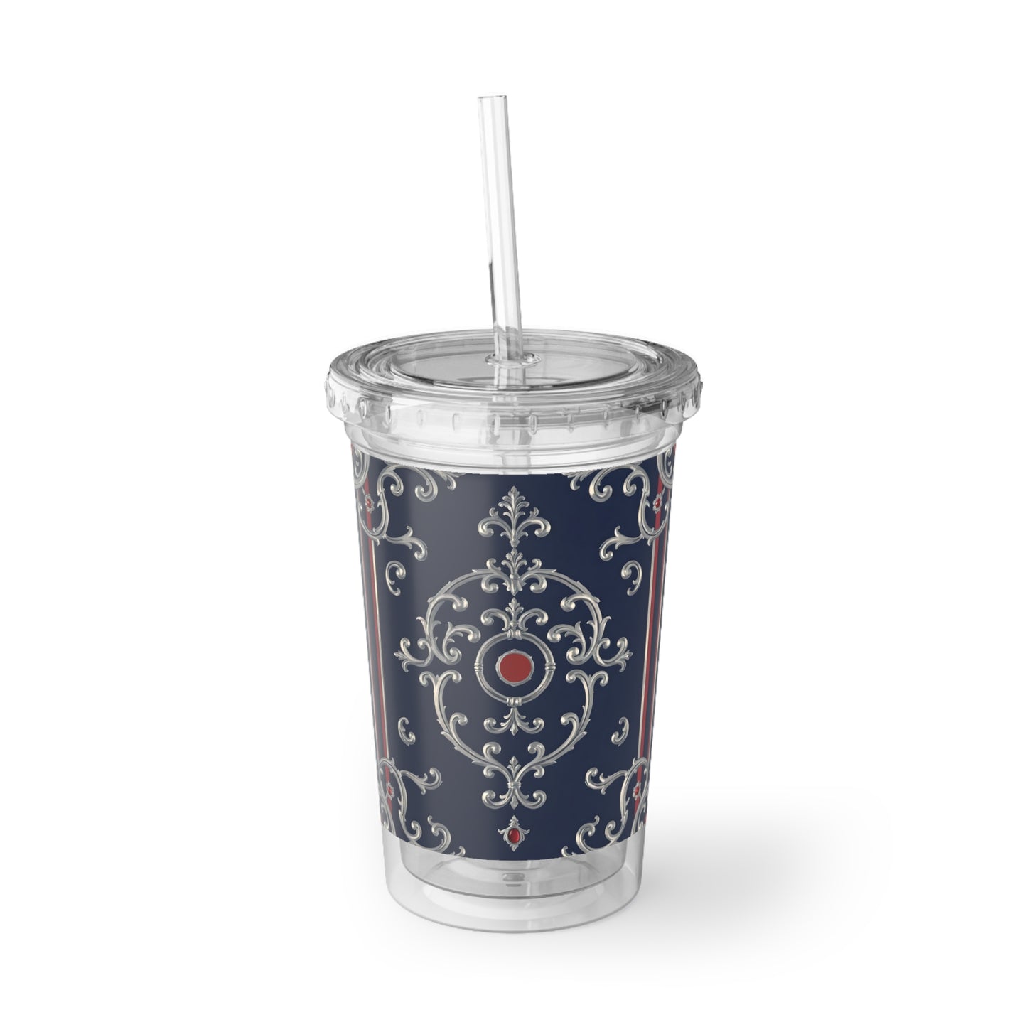 Elegant Insulated Tumbler, Suave Acrylic Cup, Stylish Drinkware for Home, Gifts for Her, Birthday, Party - Blue & Red Striped Silver Baroque