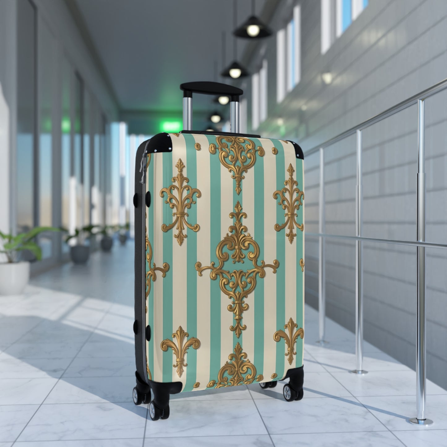 Chic Travel Suitcase, Stylish Luggage, Travel Accessory, Vintage Design Bag, Perfect for Vacation - Matte Green Striped Rococo