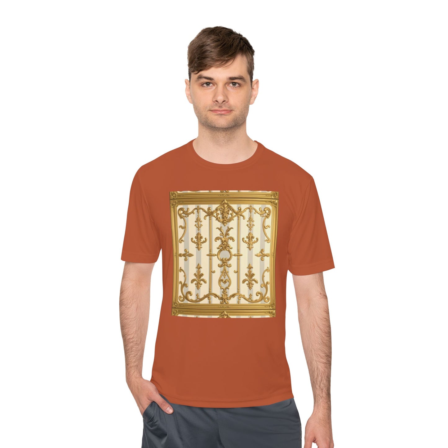 Elegant Gold Unisex Moisture Wicking Tee, Fashion Tee, Workout Shirt, Summer Style - Matte Gray & Cream Striped Gold Baroque