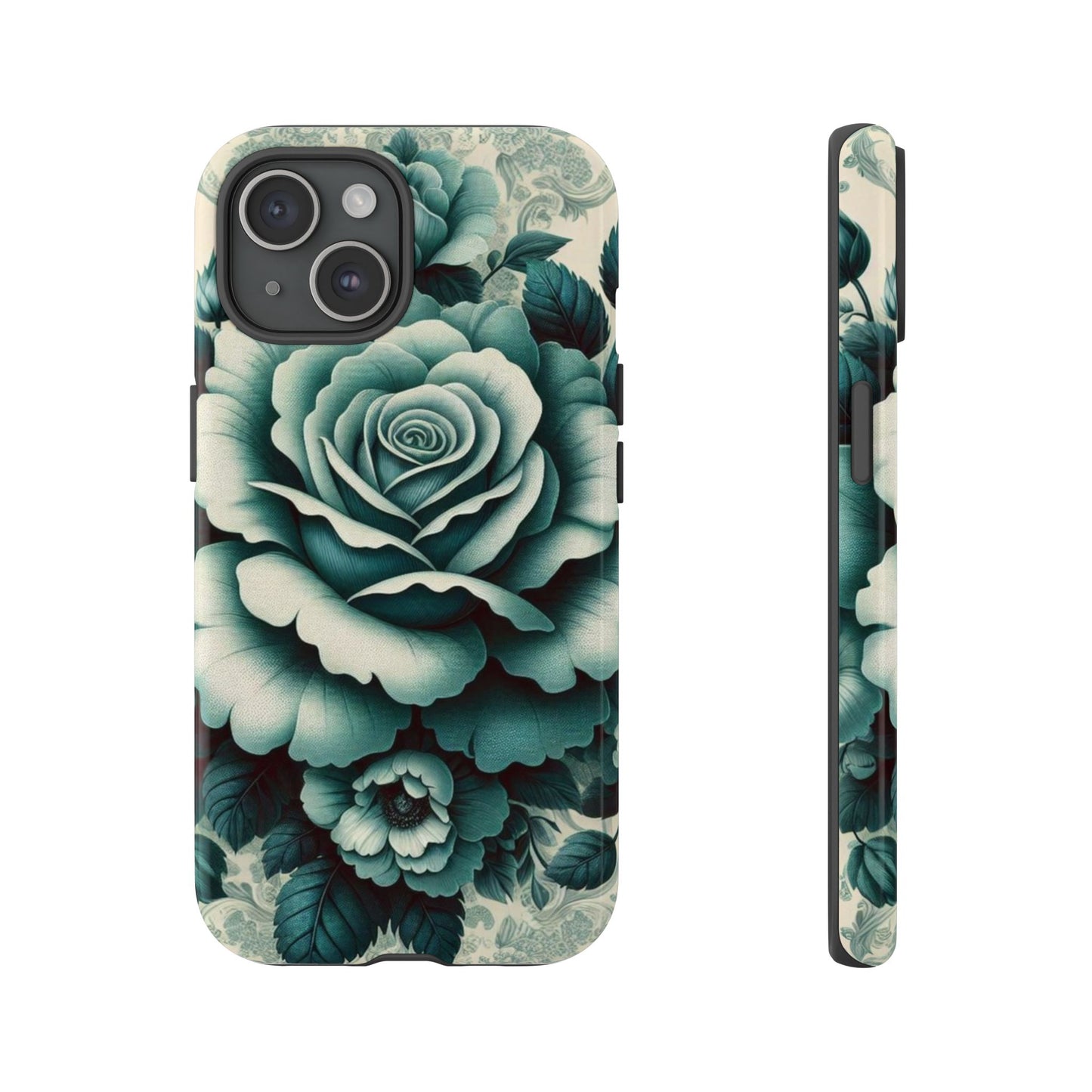 Elegant Floral Motif Phone Case - Tough Cases with Vintage Design - Teal Roses & Damask