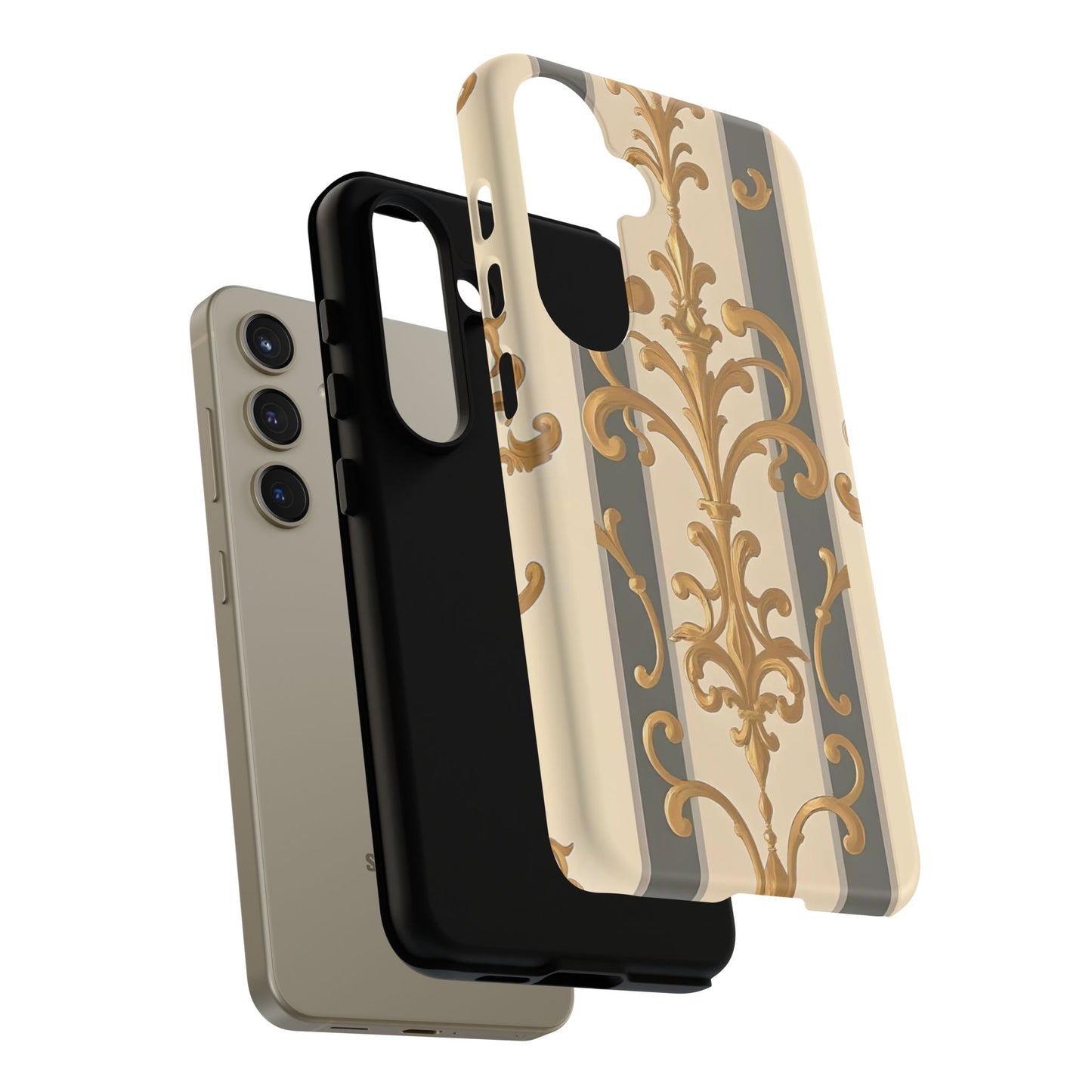 Elegant Floral Motif Phone Case - Tough Cases with Vintage Design - Dusk Olive Striped Gold Damask