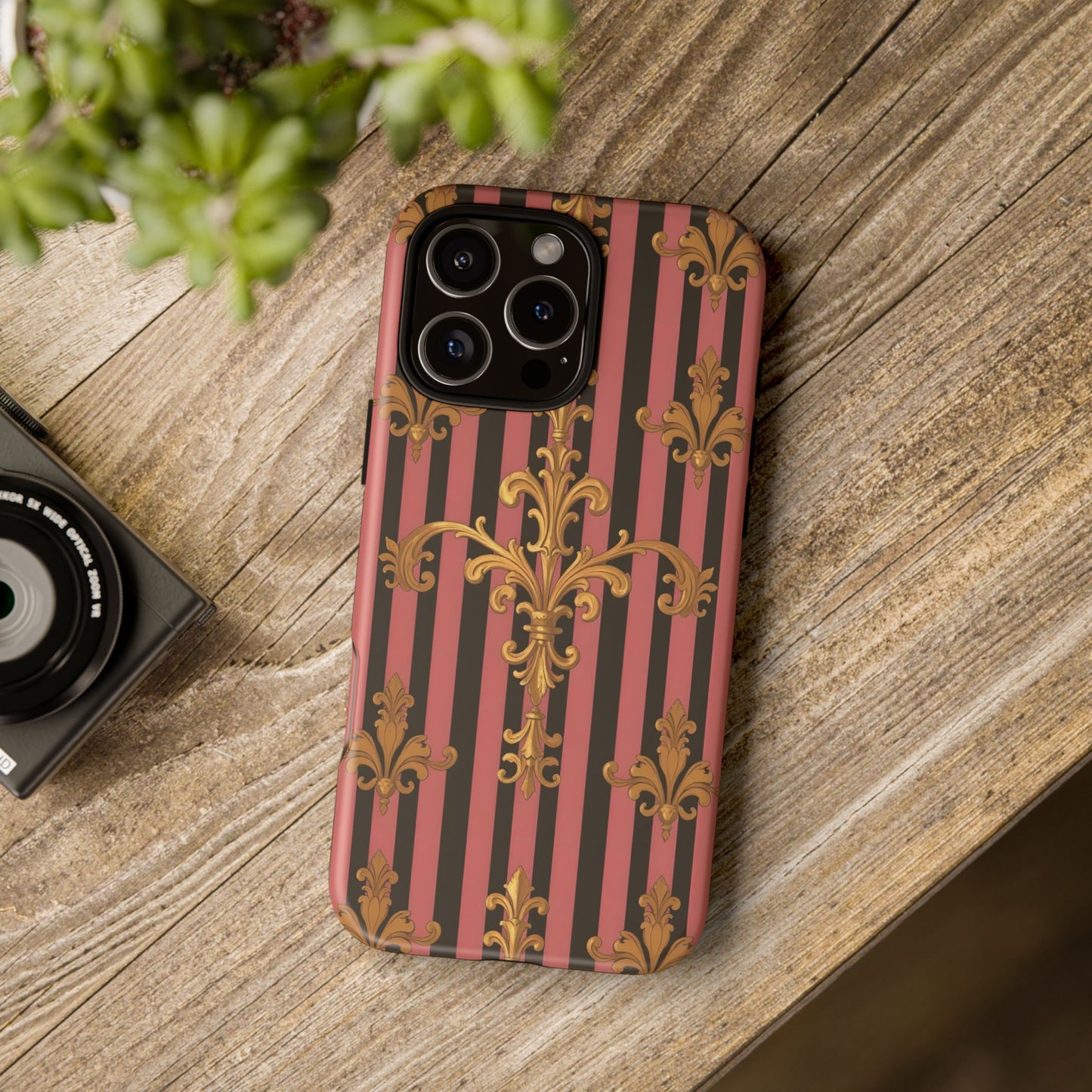 Elegant Floral Motif Phone Case - Tough Cases with Vintage Design - Mauve Striped Gold Damask