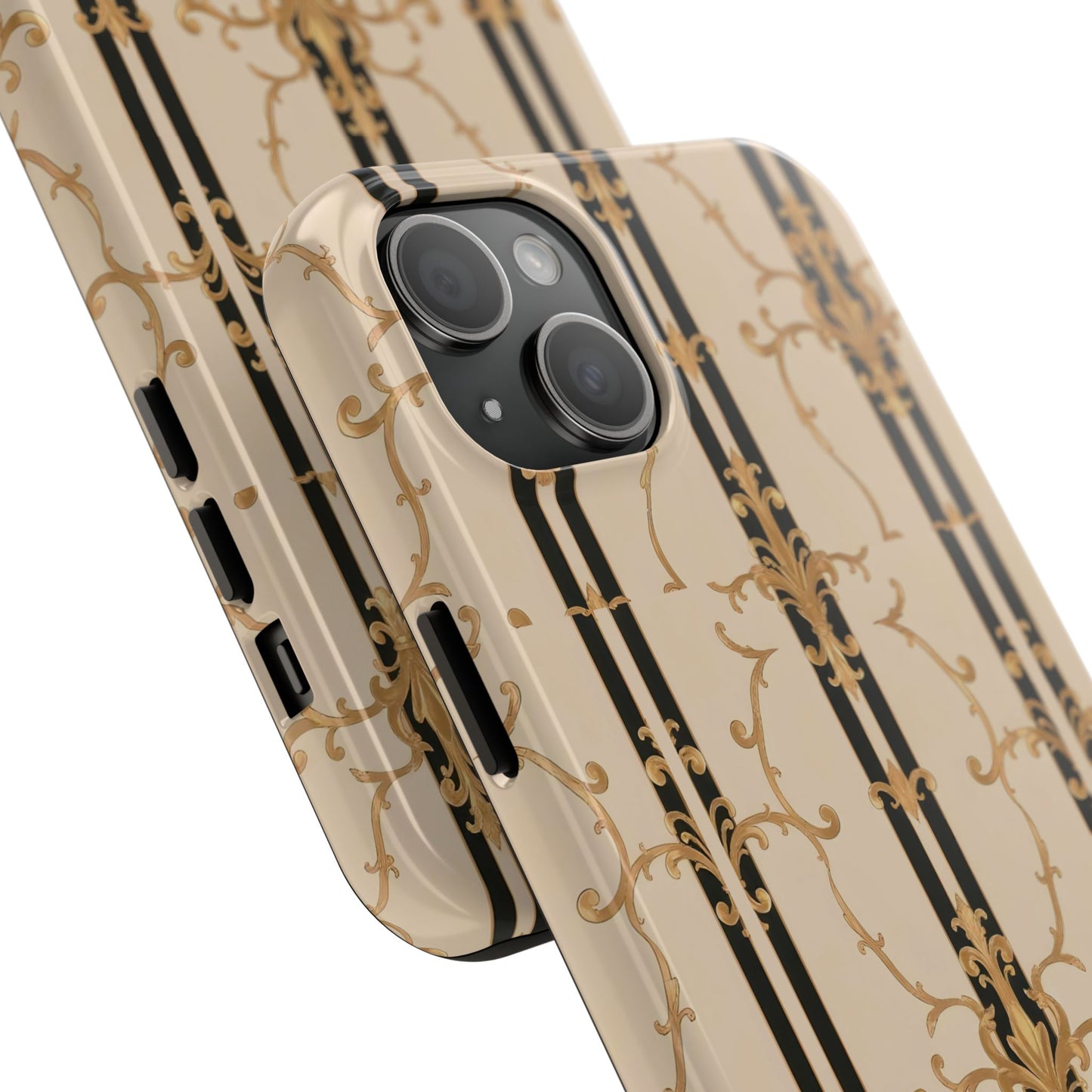 Elegantly Tough Phone Cases | Stylish Phone Covers, Durable Cases, Fashionable Accessories - Black & Beige Striped Damask