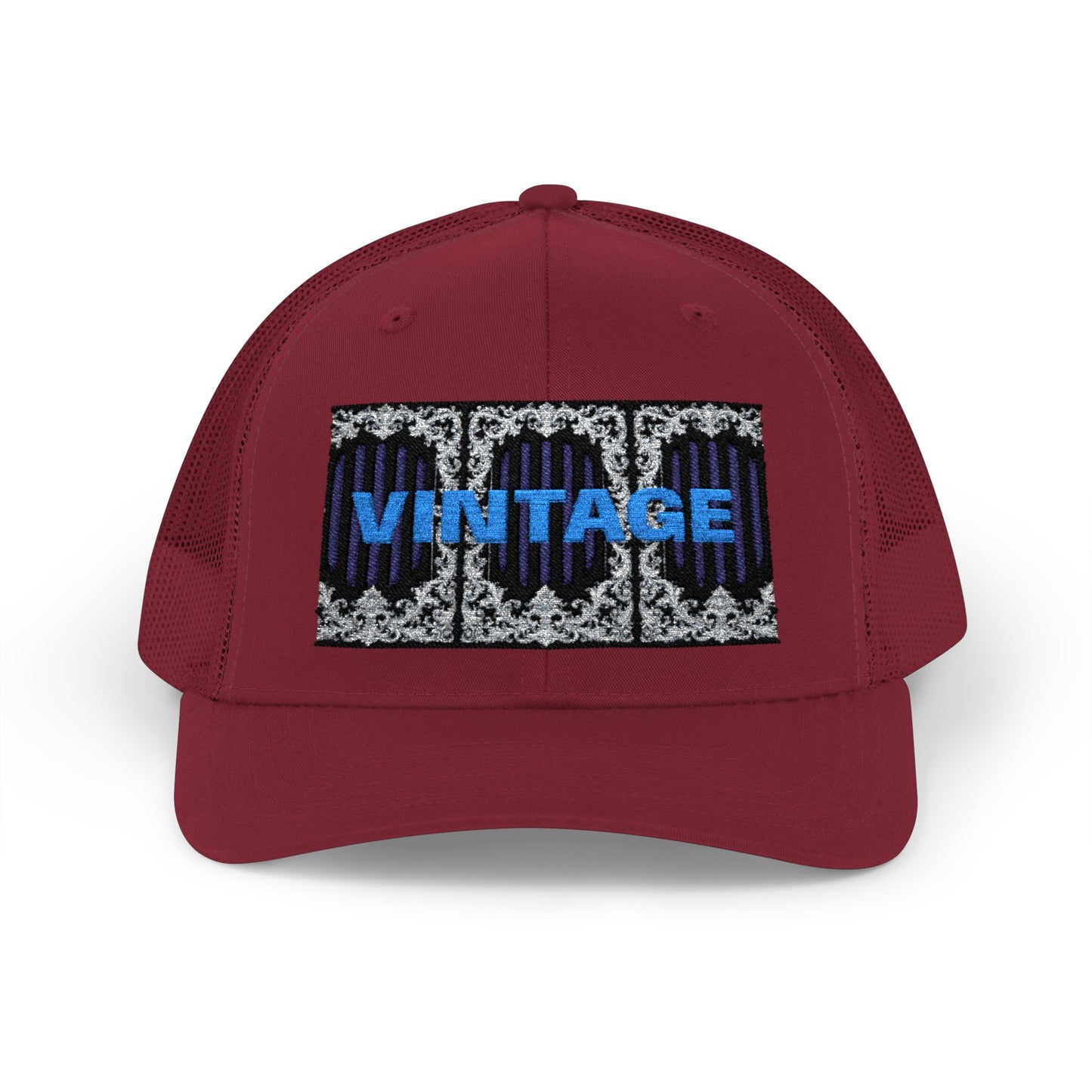 Vintage Navy Stripes & Baroque Trucker Cap — Retro 'VINTAGE' Embroidered Snapback