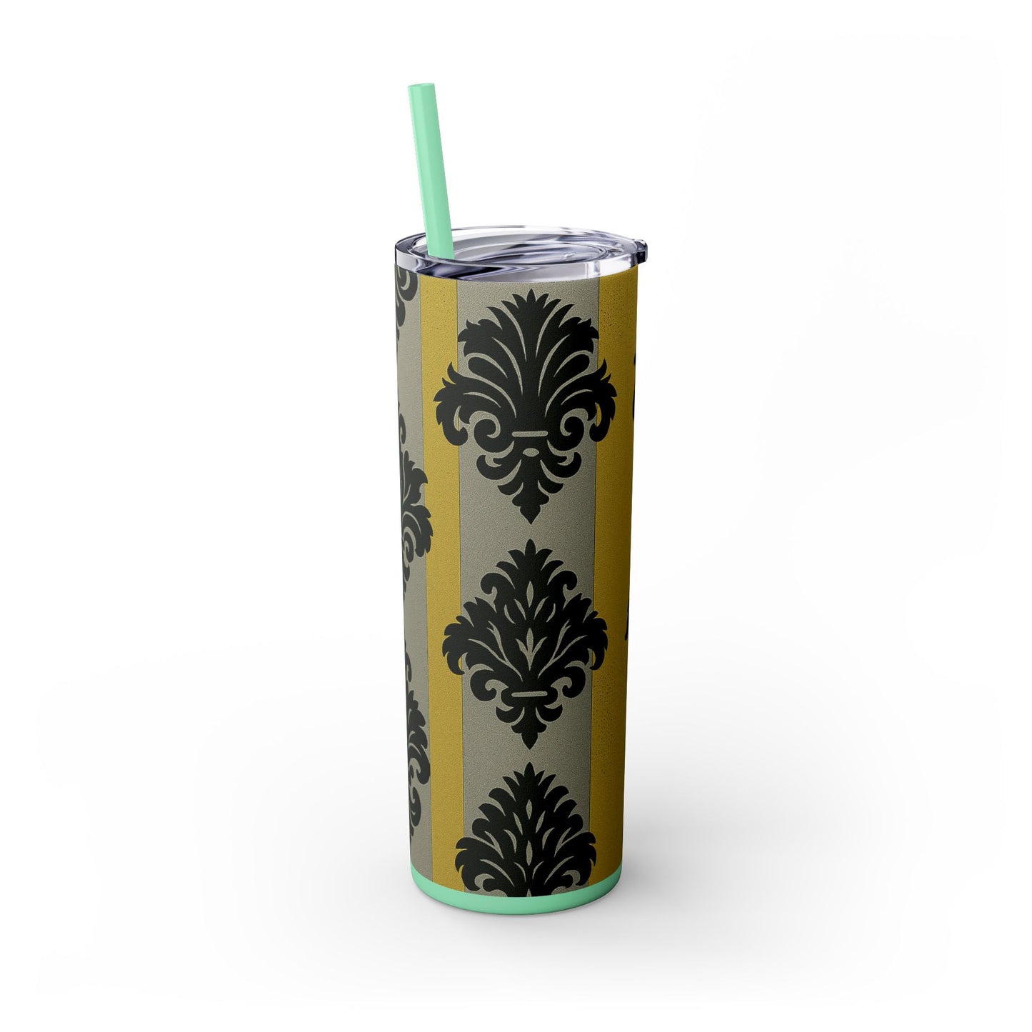 Elegant Baroque Skinny Tumbler, 20oz Travel Mug, Stylish Drinkware for Home or Office, Unique Gift for Her - Silver & Gold Striped Black Baroque