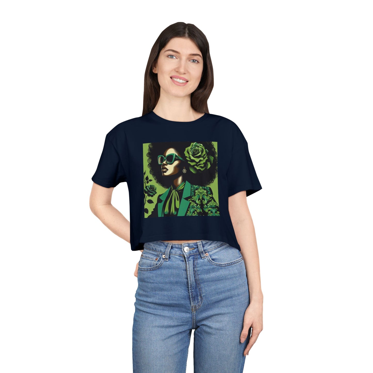 Stylish Women's Crop Tee with Damask Design | Trendy Summer Top, Afro Crop Shirt, Casual Wear, Gift for Her - Lady in Green Damask