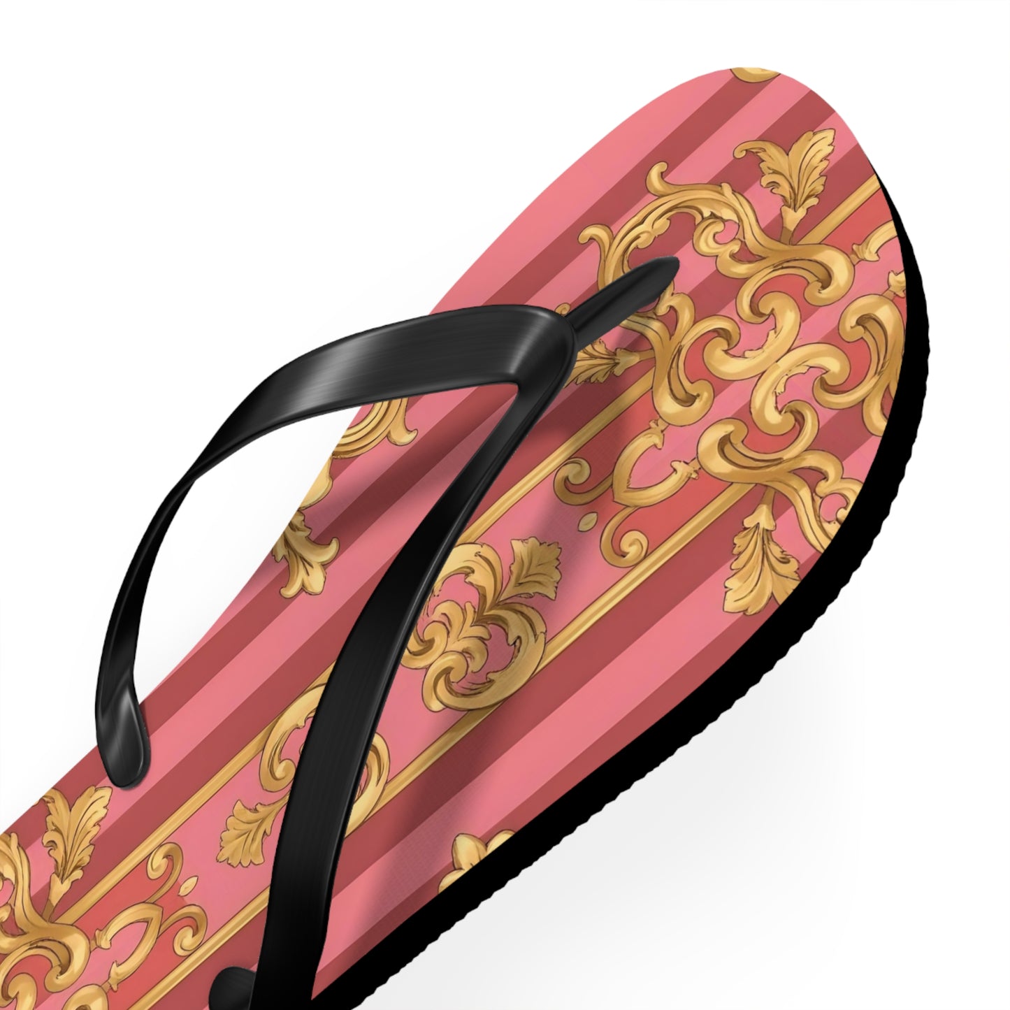 Elegant Floral Flip Flops, Summer Sandals, Beach Accessories, Vacation Footwear, Stylish Slip-Ons - Pink Striped Gold Baroque
