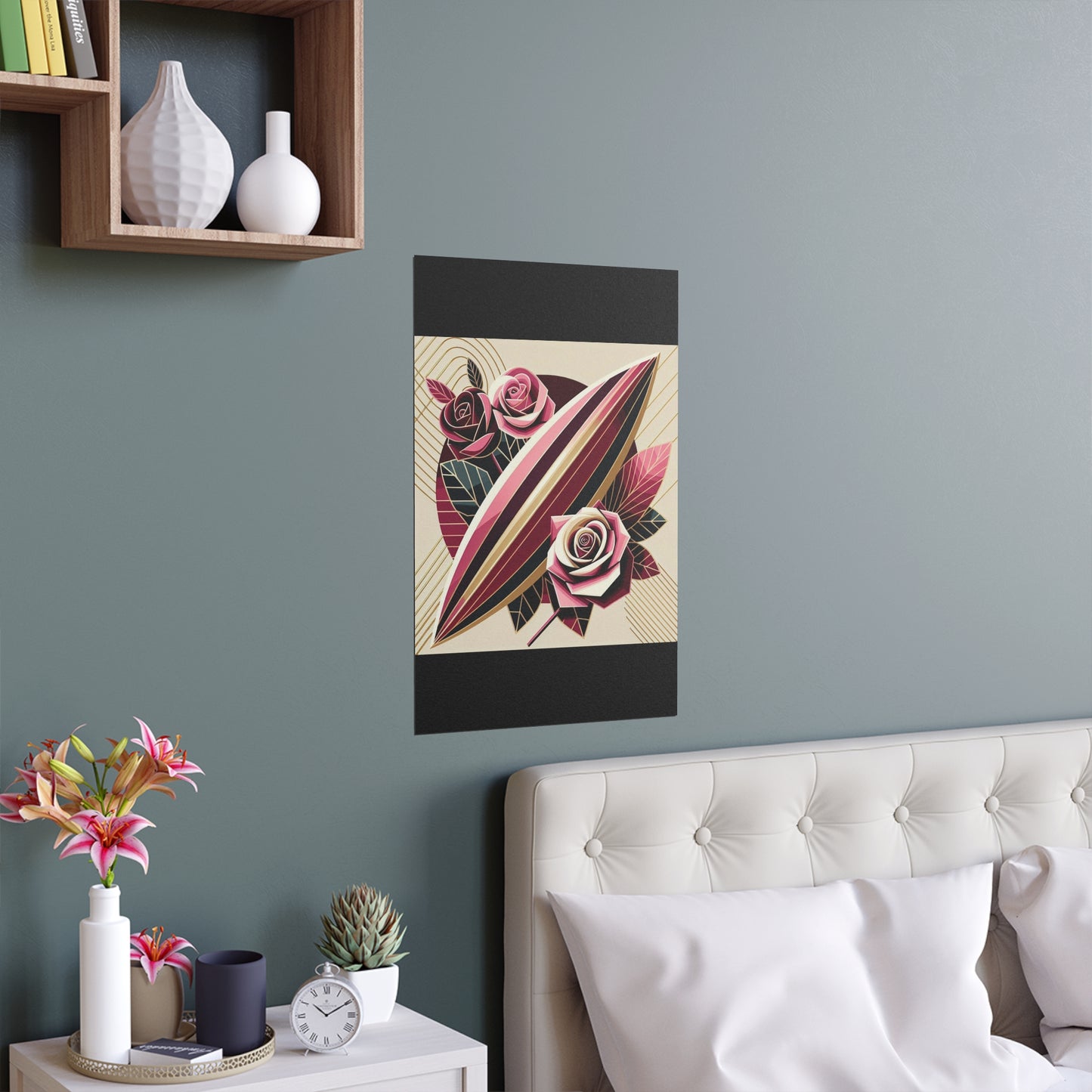 Elegant Floral Silk Poster - Indoor/Outdoor Wall Art for Home Decor - Pink & Burgundy Striped Surfboard & Roses