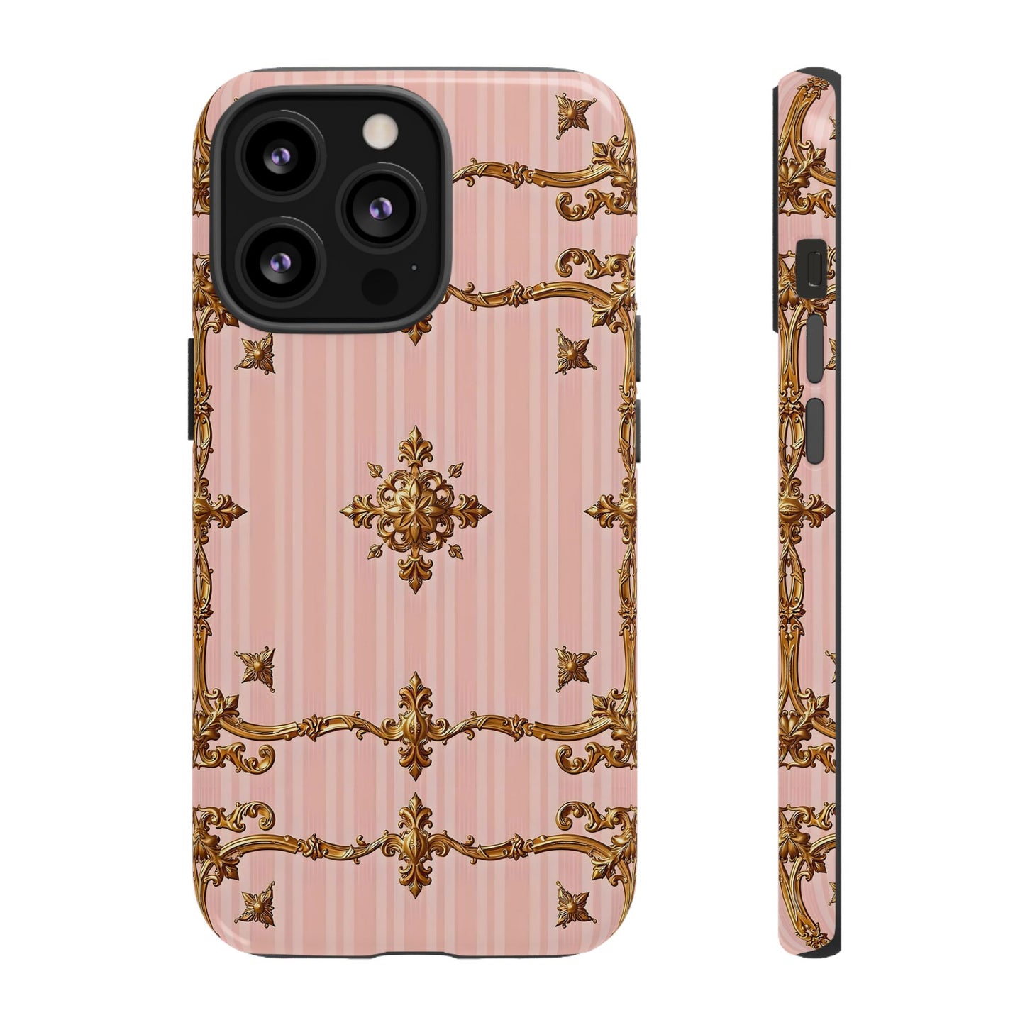 Elegant Floral Phone Case, Tough Cases for Women, Trendy Phone Cover, Chic Gift - Pink Striped Gold Baroque