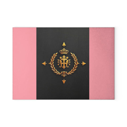 Elegant Monogrammed Glass Cutting Board | Modern Kitchen Decor, Unique Wedding Gift, Housewarming Present - Pink Striped Gold Crest