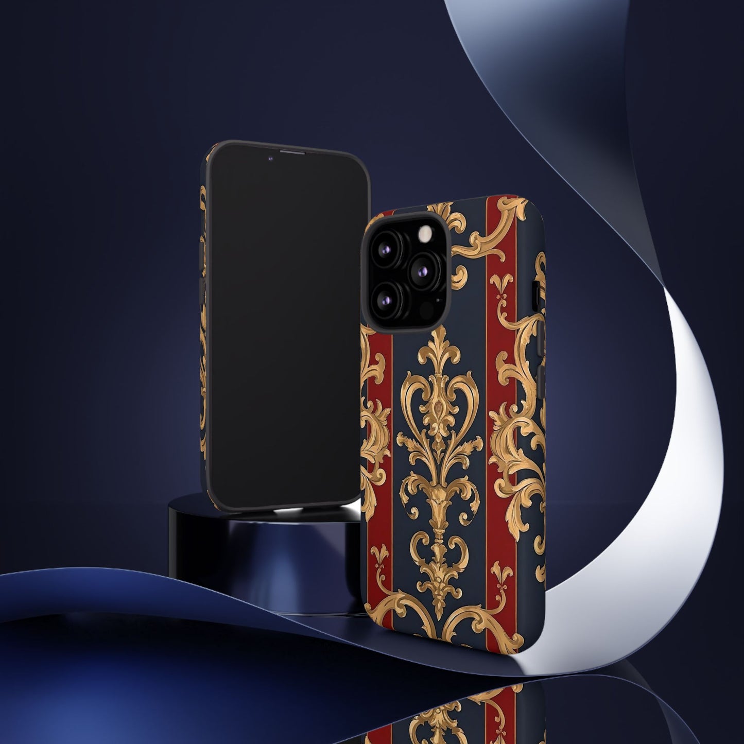 Elegant Floral Motif Phone Case - Tough Cases with Vintage Design - Midnight Blue & Dusk Red Striped Gold Damask