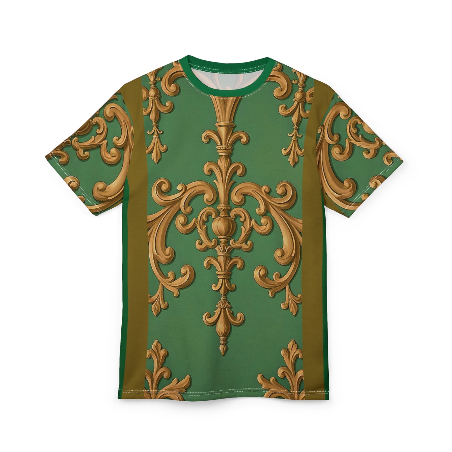 Elegant Baroque Pattern Unisex Tee, Vintage Aesthetic Shirt, Unique Casual Wear - Olive Green Striped Rococo