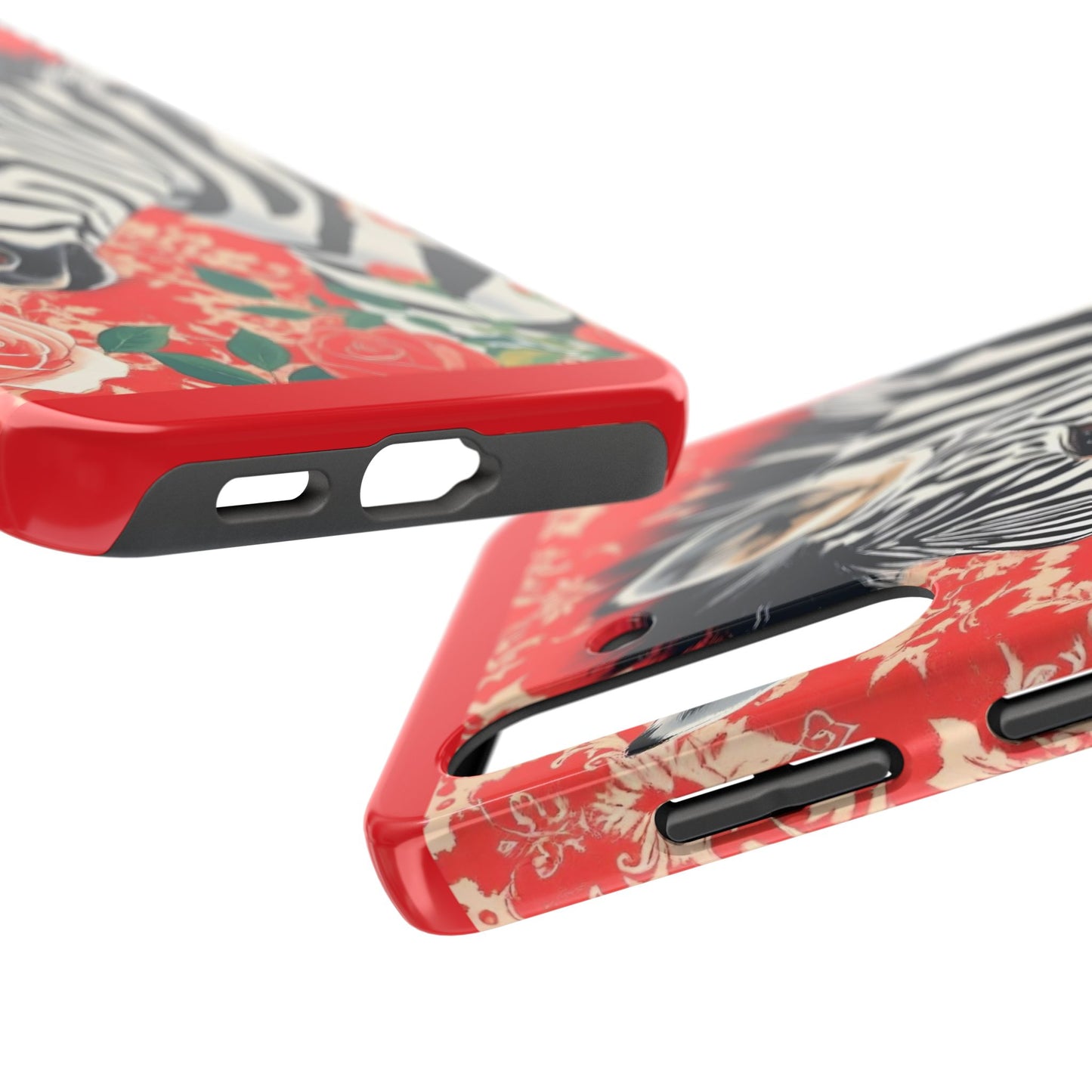 Zebra Tough Phone Case - Trendy Floral Design for Animal Lovers - Zebra With Coral Roses & Damask