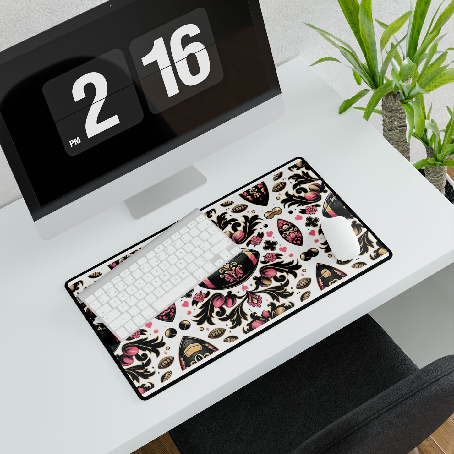 Desk Mat - Elegant Floral Motif for Home Office Decor - Pink, White, Gold & Black Damask Footballs