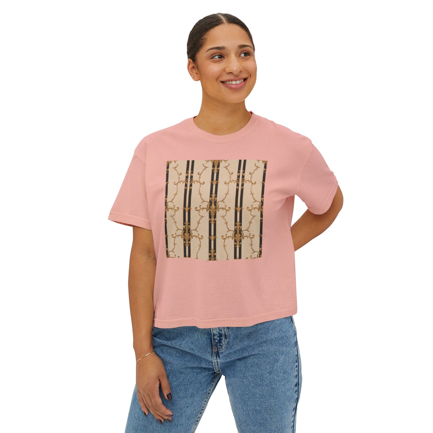 Chic Women's Boxy Tee with Abstract Design, Casual Top, Fashion Tee, Everyday Wear, Stylish Gift for Her - Black & Beige Striped Damask