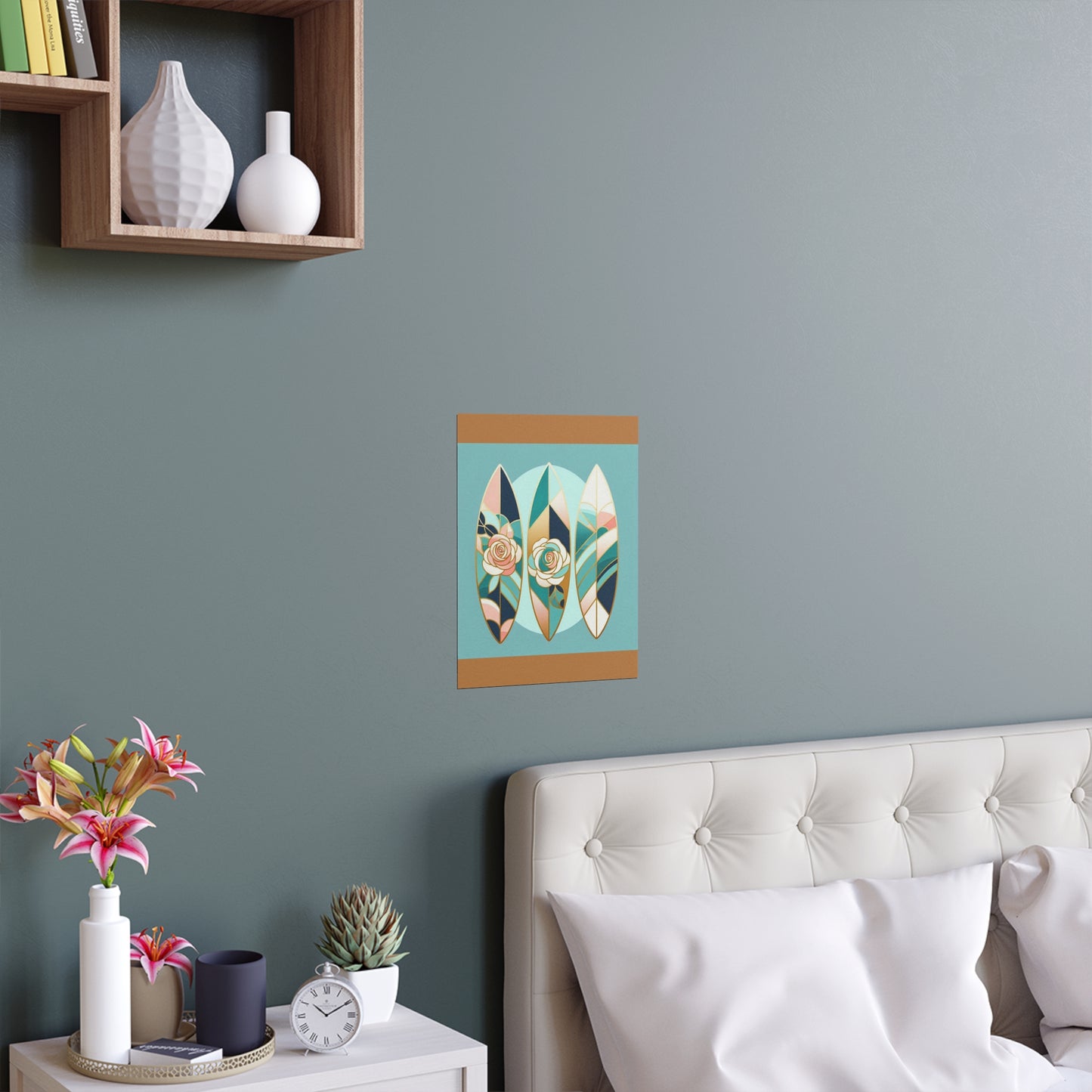 Elegant Floral Silk Poster - Indoor/Outdoor Wall Art for Home Decor - Blue, Pink & Aqua Surfboard & Roses