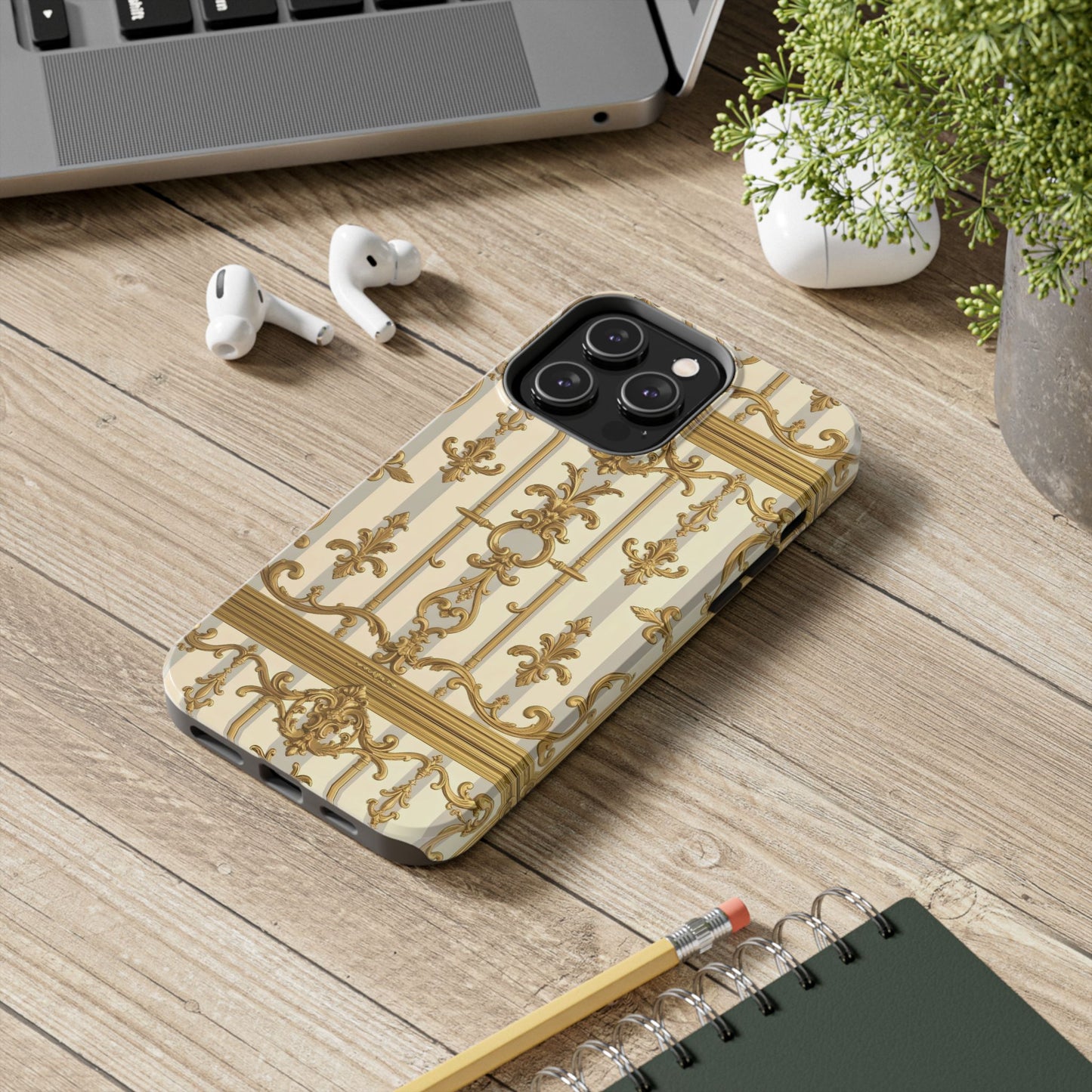 Elegant Gold Pattern Tough Phone Cases | Stylish Phone Covers, Trendy Cell Phone Accessories - Matte Gray & Cream Striped Gold Baroque