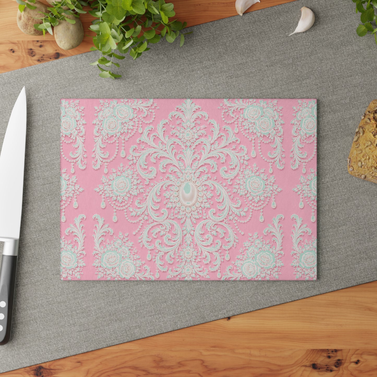 Pink Rococo Glass Cutting Board – Elegant Floral Pattern Kitchen Board