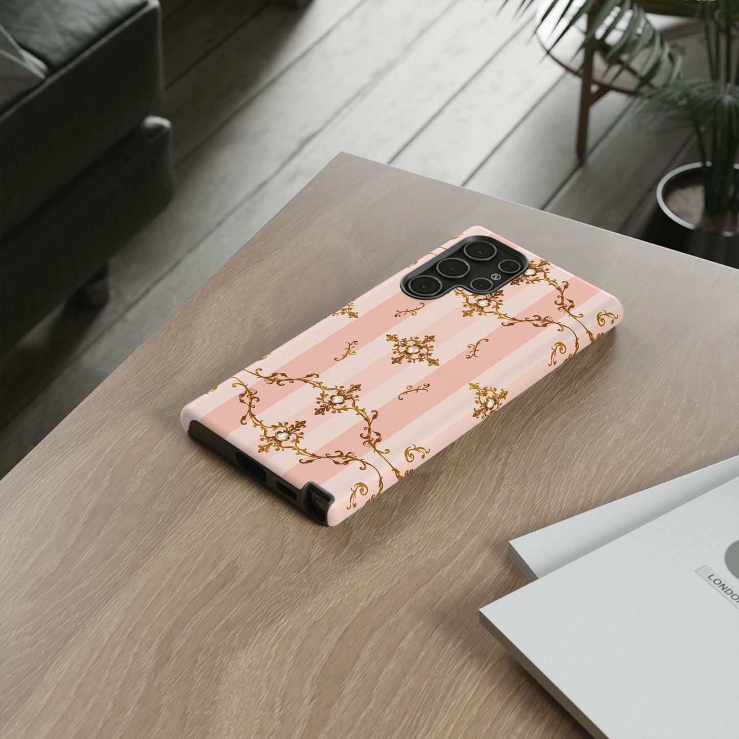 Elegant Floral Phone Case, Tough Cases for Women, Trendy Phone Cover, Chic Gift - Pink Jeweled Striped Gold Baroque