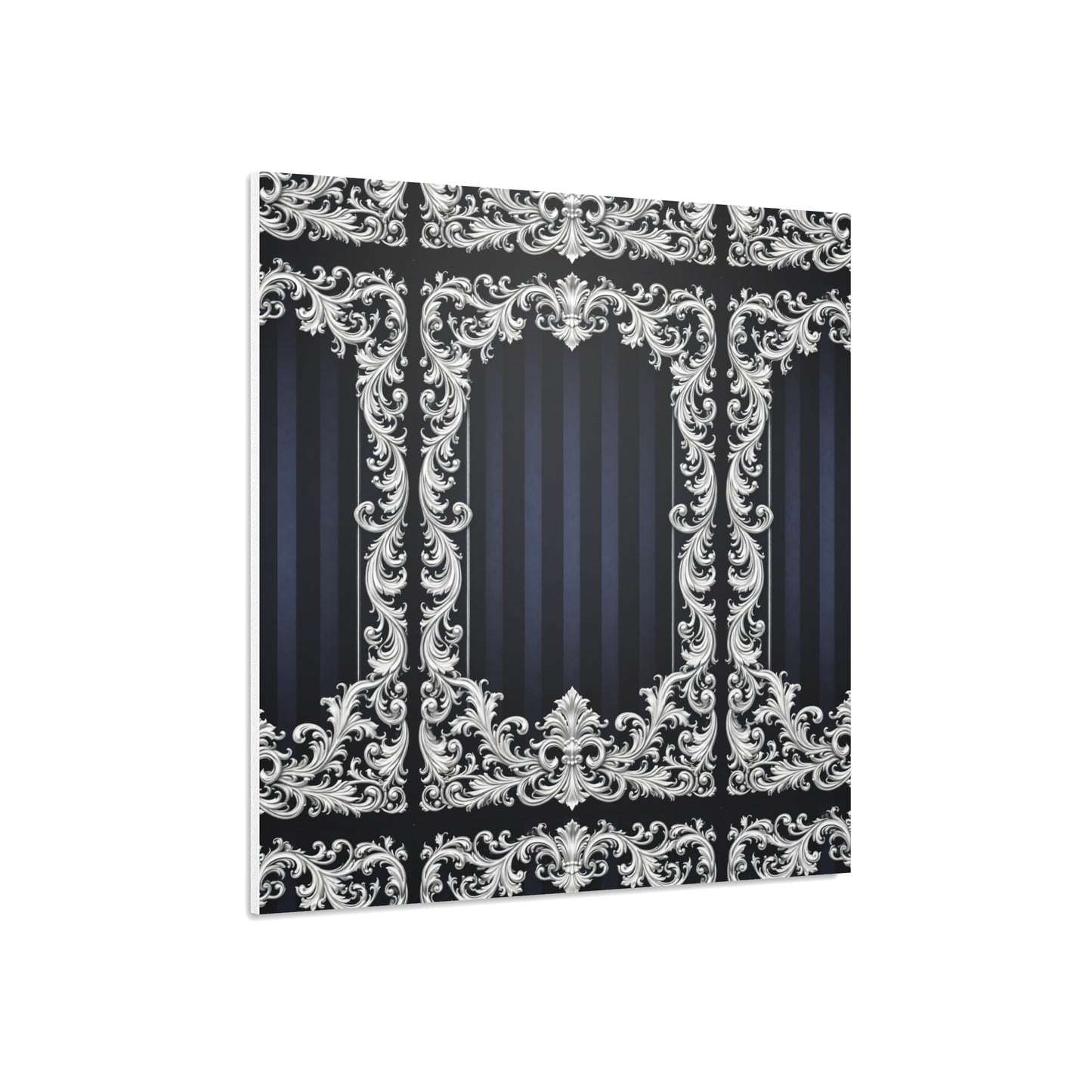 Navy Stripes & Baroque Foam Board Backdrop — Ornate Silver Scroll Panel