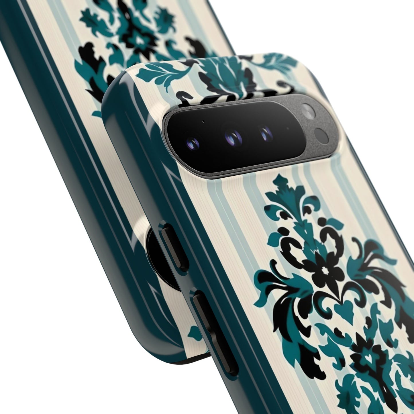 Elegant Floral Phone Case - Tough Cases with Vintage Design - Teal Striped Damask