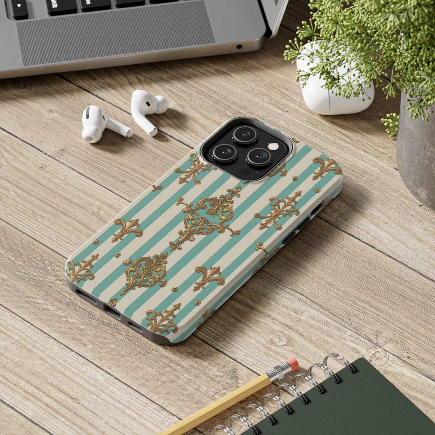 Elegant Striped Phone Case with Vintage Design, Tough Phone Cover, Stylish Smartphone Case - Matte Green Striped Rococo