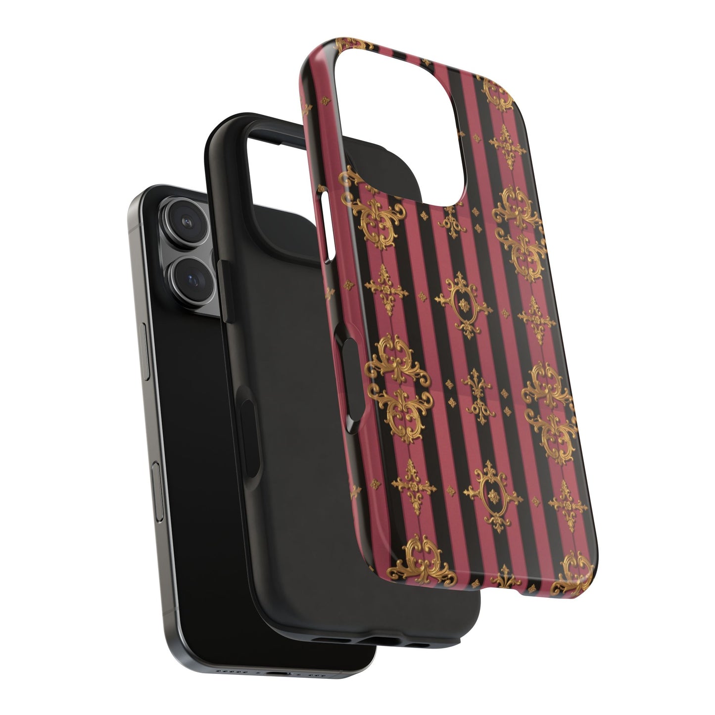 Elegant Black & Mauve Striped Gold Baroque Phone Case, Tough Phone Cases, Stylish Protective Cover, Unique Gift, Luxe Phone Accessories
