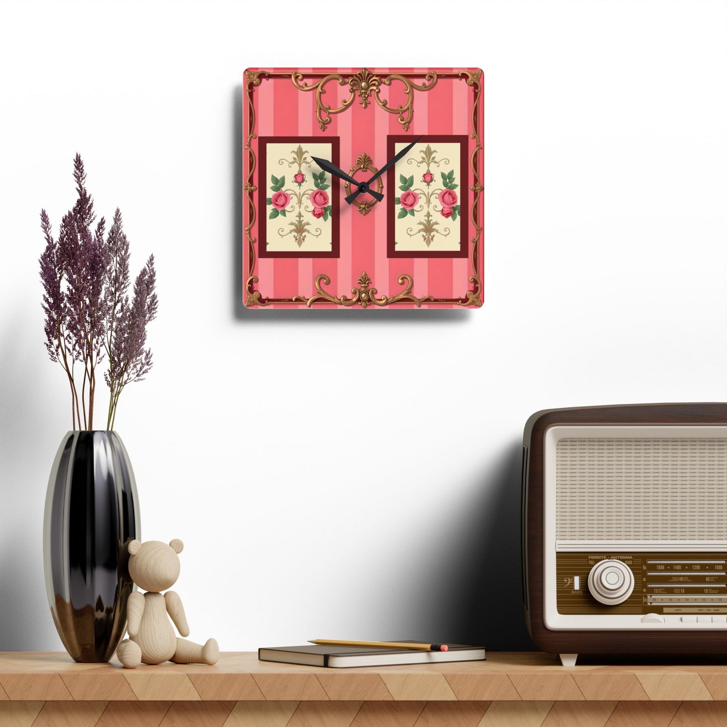 Vintage-Inspired Acrylic Wall Clock with Floral Design - Pink Striped Baroque & Roses