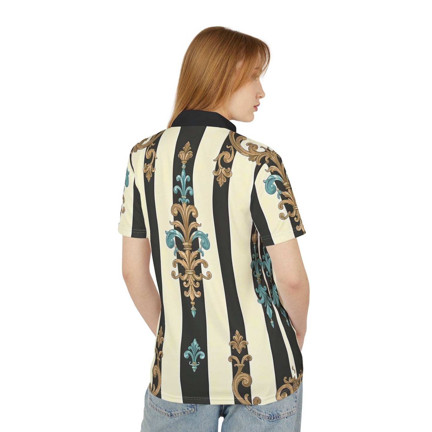 Chic Unisex Polo Shirt - Black Striped Turquoise & Black Rococo