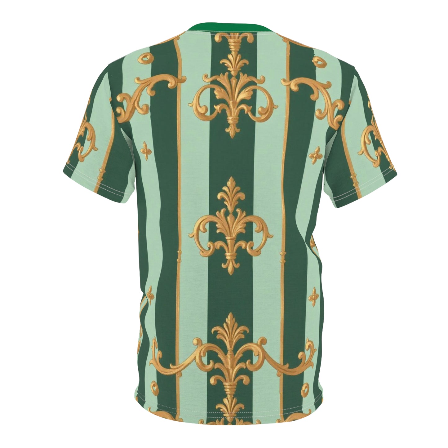 Chic Unisex Cut & Sew Tee, Trendy Graphic Tee, Floral Print Shirt, Unique Fashion Top, Gift for Her/Him - Mint Green & Teal Striped Gold Baroque