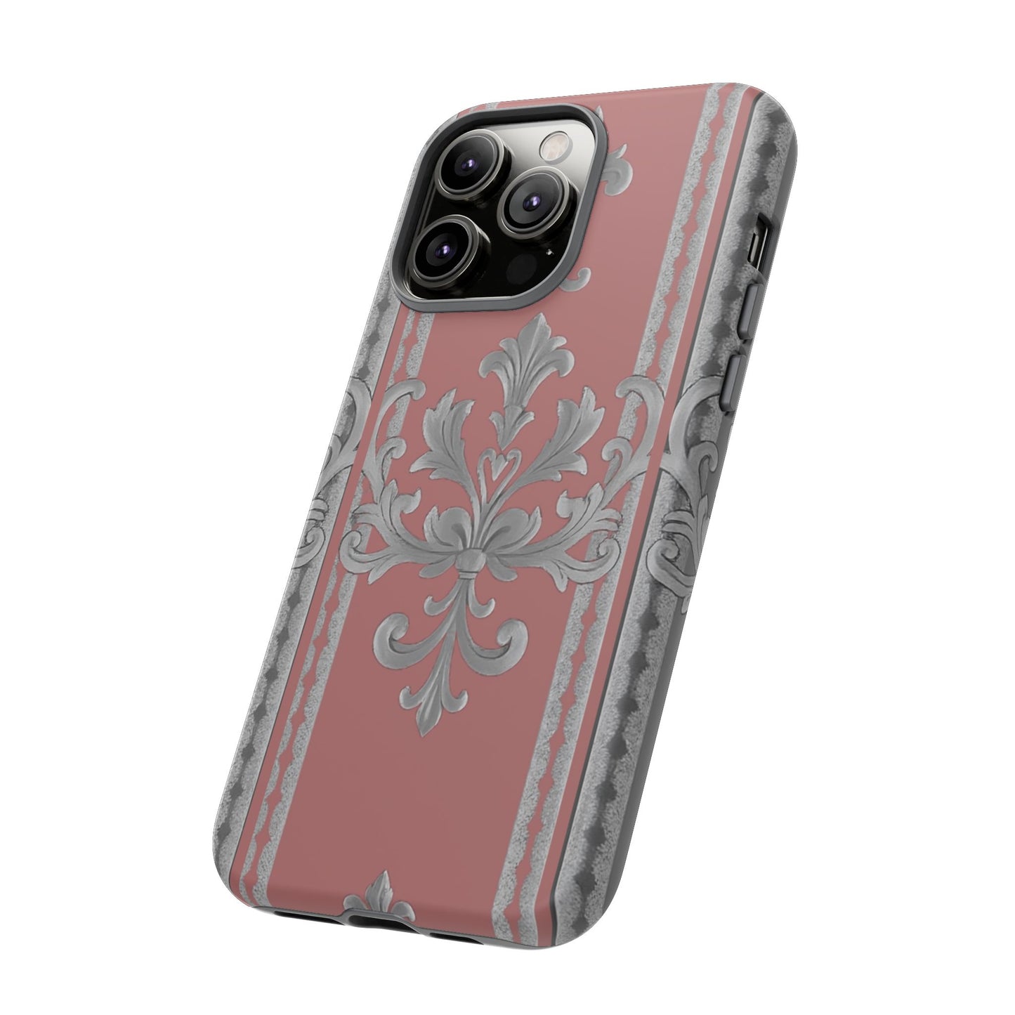 Elegant Floral Phone Case - Tough Cases for Stylish Protection - Gray & Mauve Striped Baroque