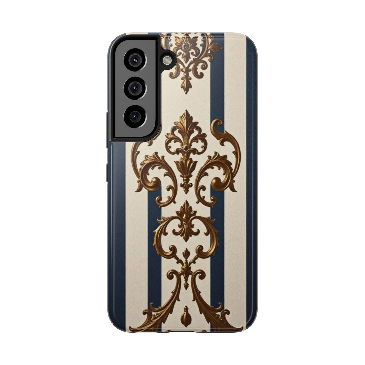 Damask Tough Phone Case - Alabaster & Blue Striped Damask