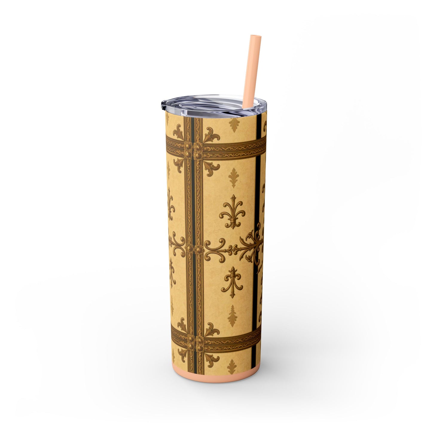 Elegant Vintage Skinny Tumbler, 20oz Insulated Drink Cup, Perfect for Home, Office, Gifts, Holidays, Travel - Matte Yellow Striped Antique Rococo