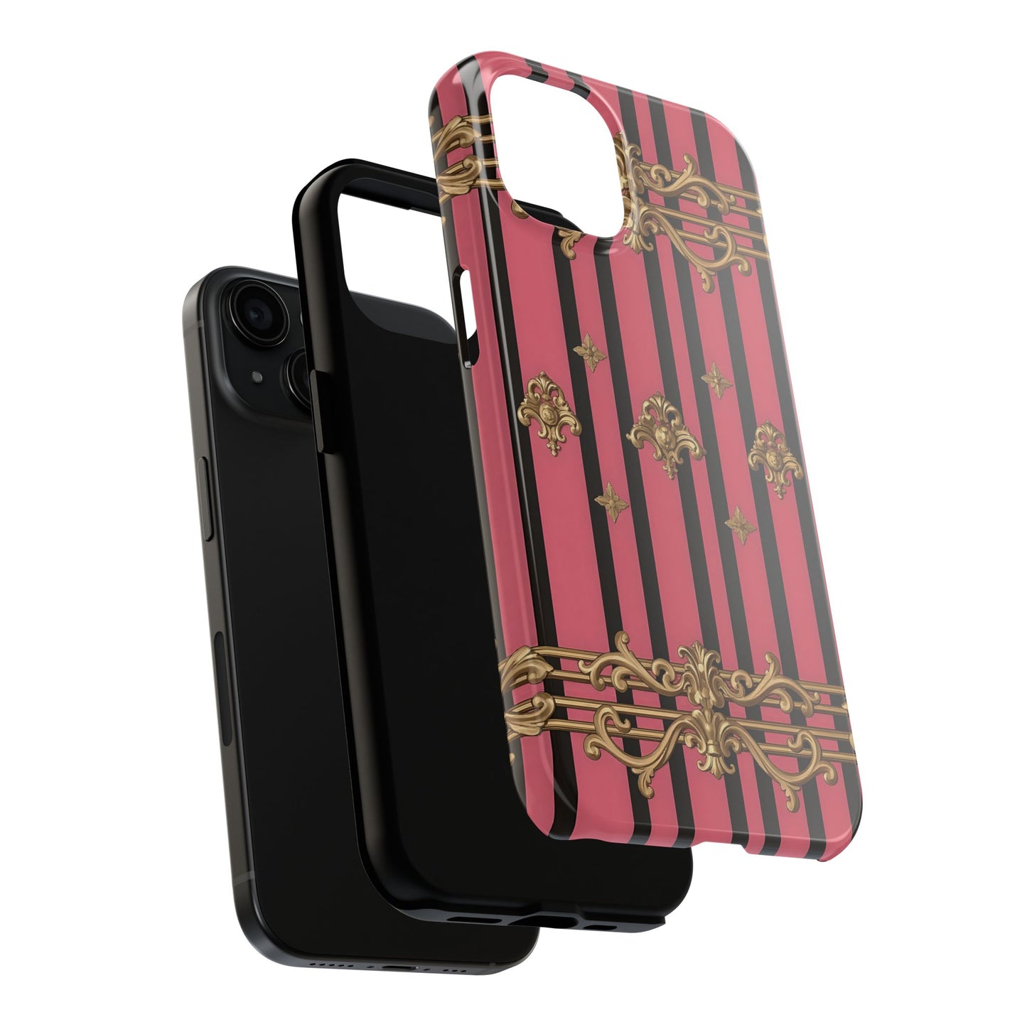 Elegant Floral Phone Cases, Stylish Protective Case for Trendy Individuals, Unique Gift for Tech Lovers, Phone Accessories - Pink Striped Gold Rococo