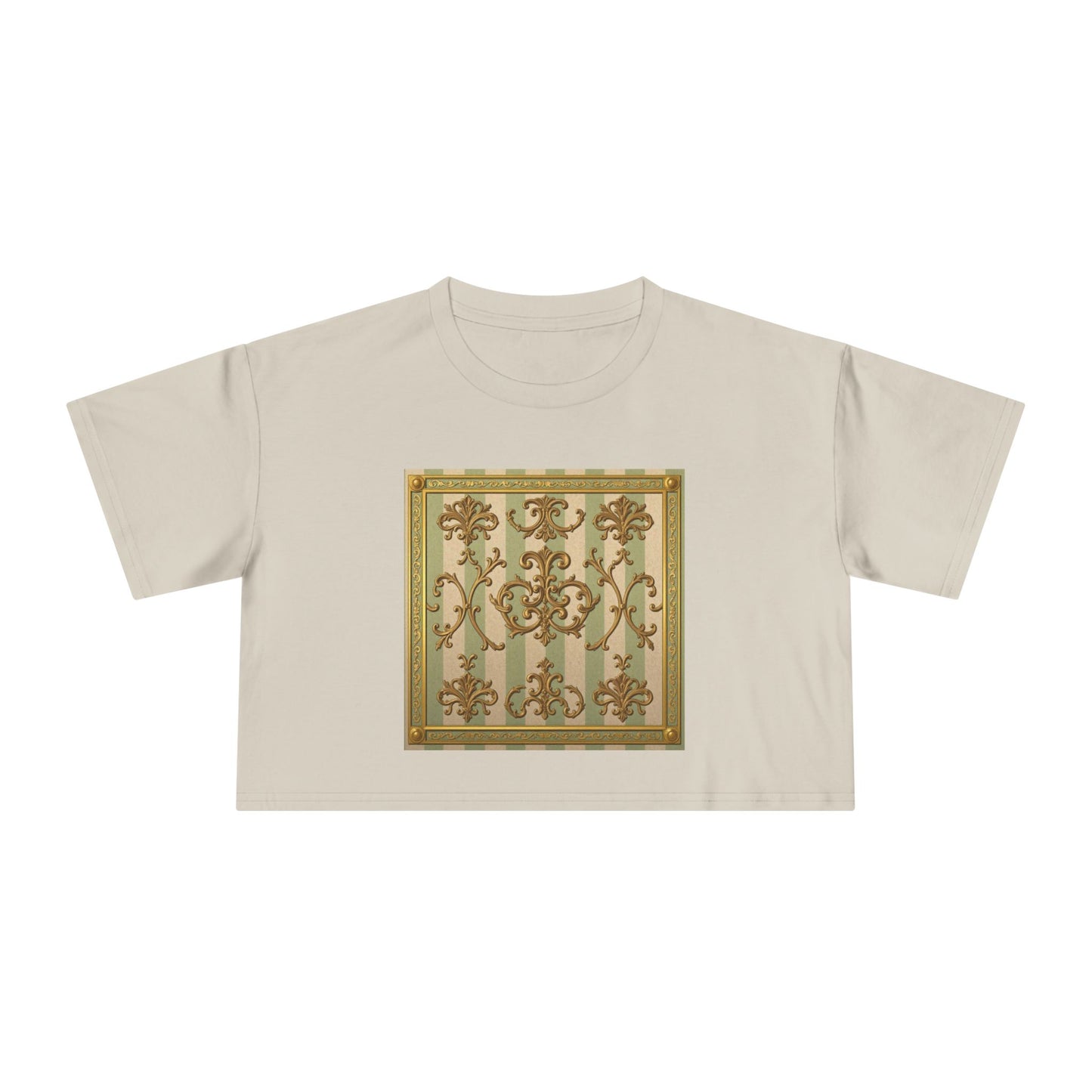 Stylish Women's Crop Tee with Elegant Print, Summer Fashion Top, Casual Chic Shirt, Gift for Her, Trendy Outfit - Mint & Beige Striped Gold Baroque