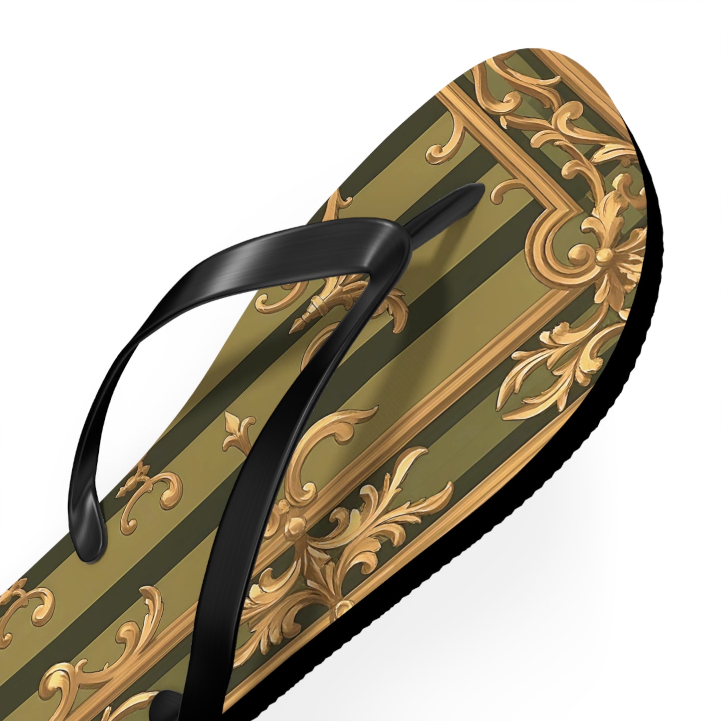 Elegant Floral Flip Flops, Summer Sandals, Beach Footwear, Vacation Essentials, Gift for Her, Outdoor Adventures - Olive Green Striped Rococo