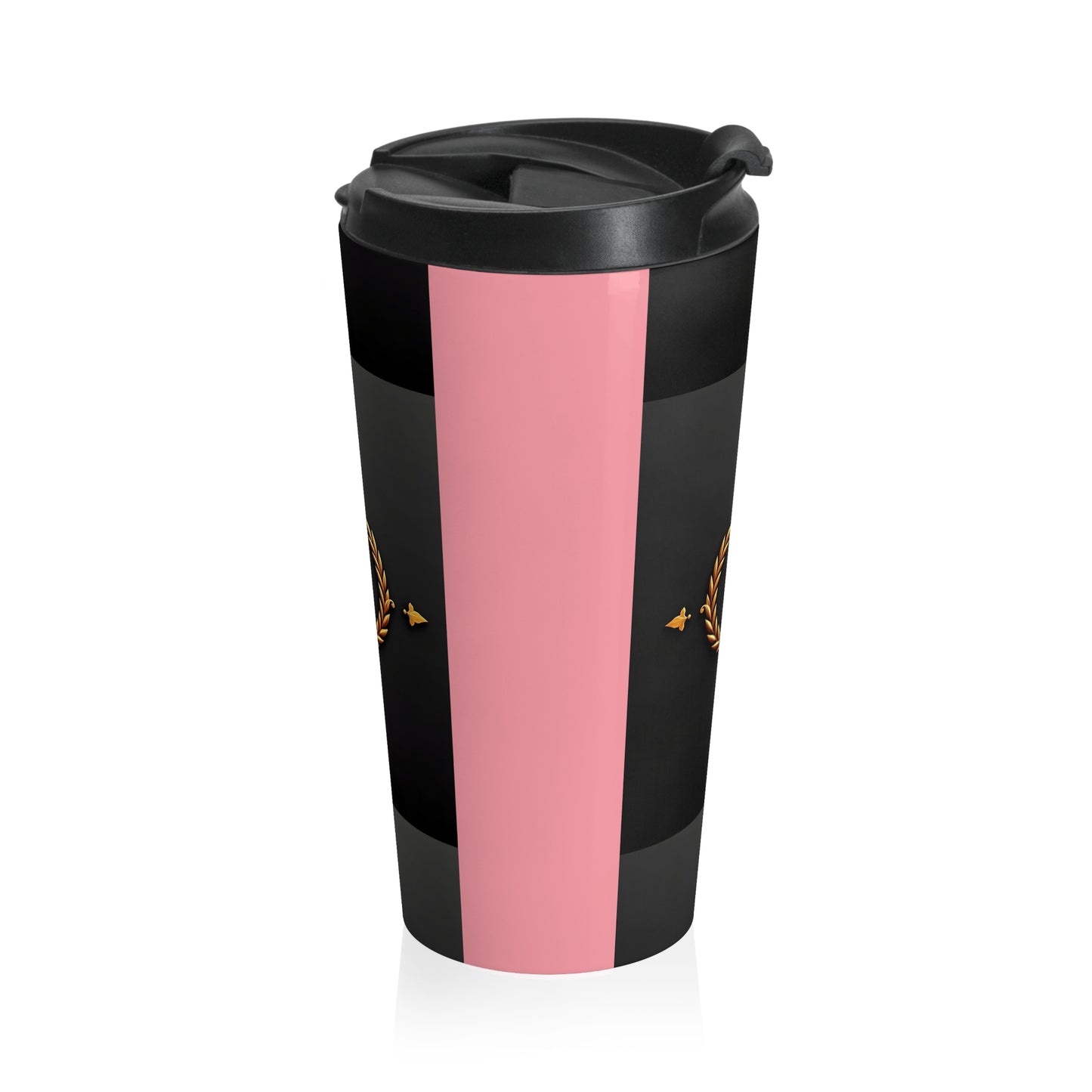 Royal Emblem Stainless Steel Travel Mug | Elegant Coffee Cup for Commuters, Durable Travel Accessory, Perfect Gift for Her - Pink Striped Gold Crest
