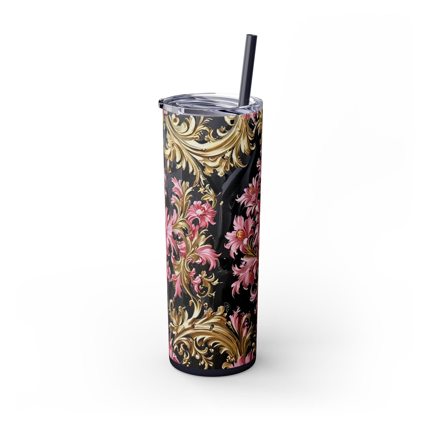 Chic Floral Skinny Tumbler with Straw, 20oz - Elegant Drinkware for Tea Lovers, Travel Mugs, Gifts for Her - Black & Pink Oil Painting Style Rococo