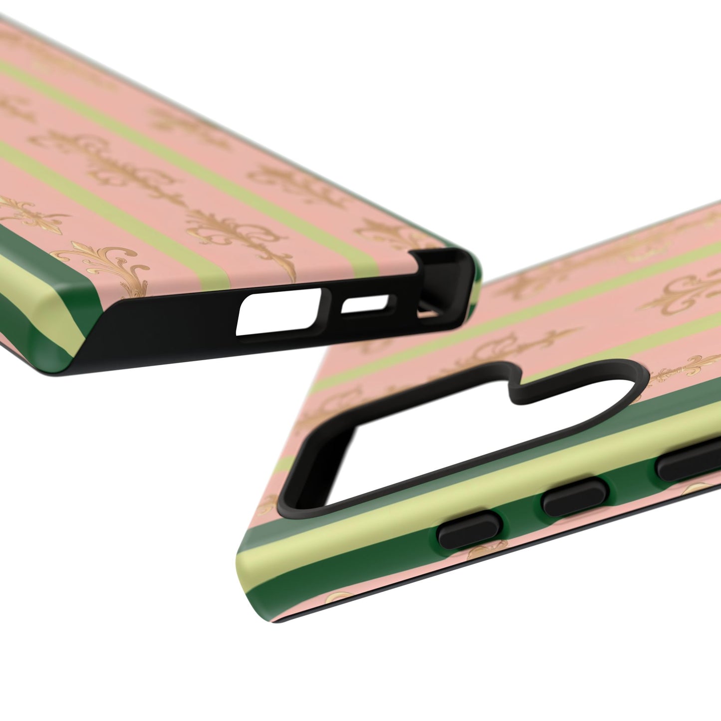 Elegant Floral Motif Phone Case - Tough Cases with Vintage Design - Lime Green & Pink Striped Damask
