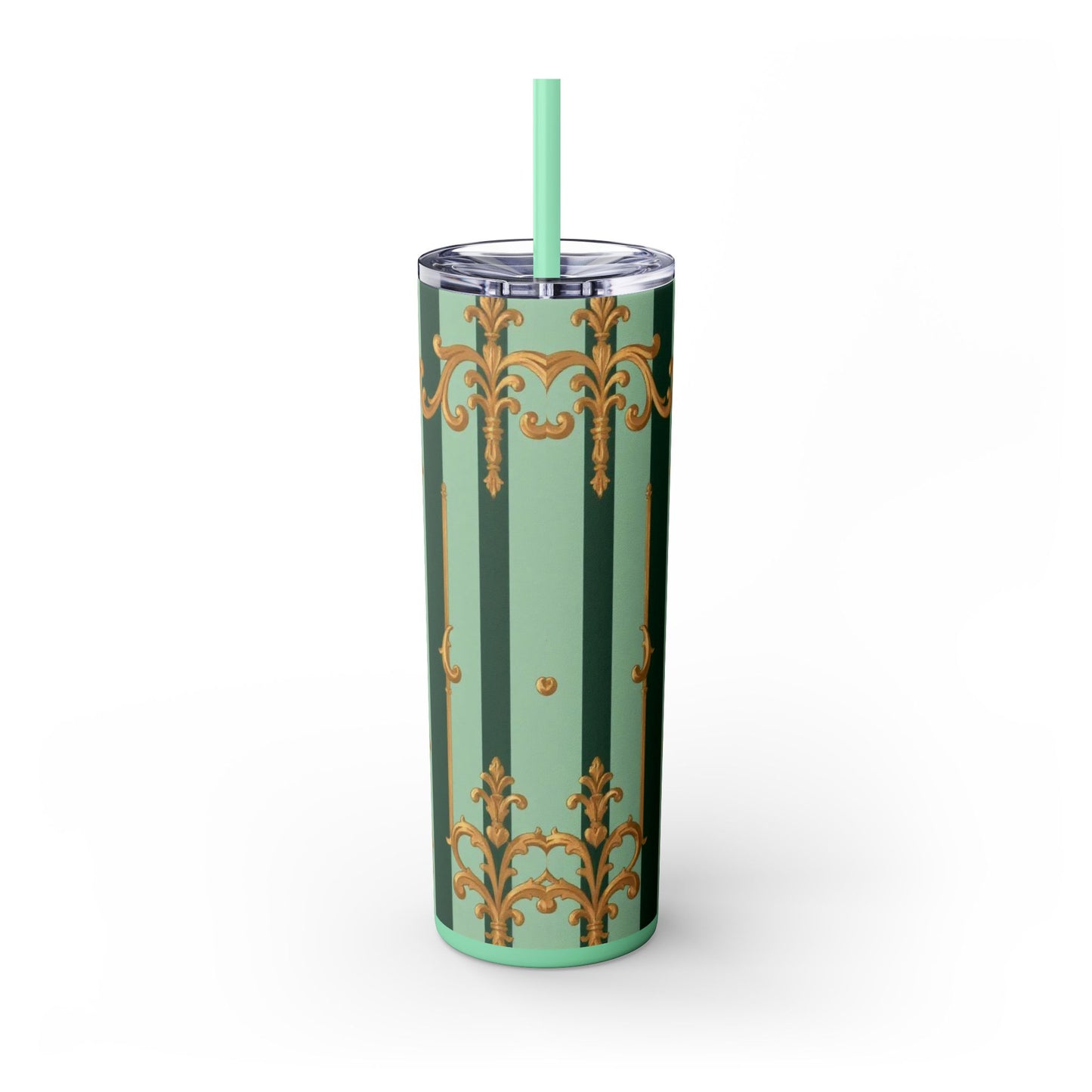 Elegant Floral Skinny Tumbler with Straw, 20oz – Stylish Travel Mug, Eco-Friendly Reusable Cup - Mint Green & Teal Striped Gold Baroque